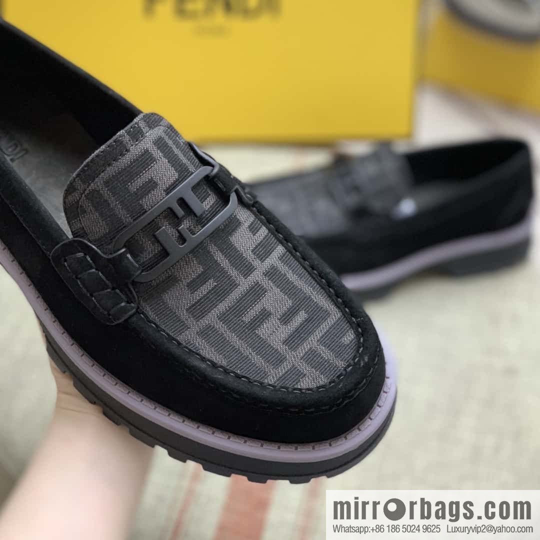 FENDI black and grey FF jacquard fabric, men's loafers