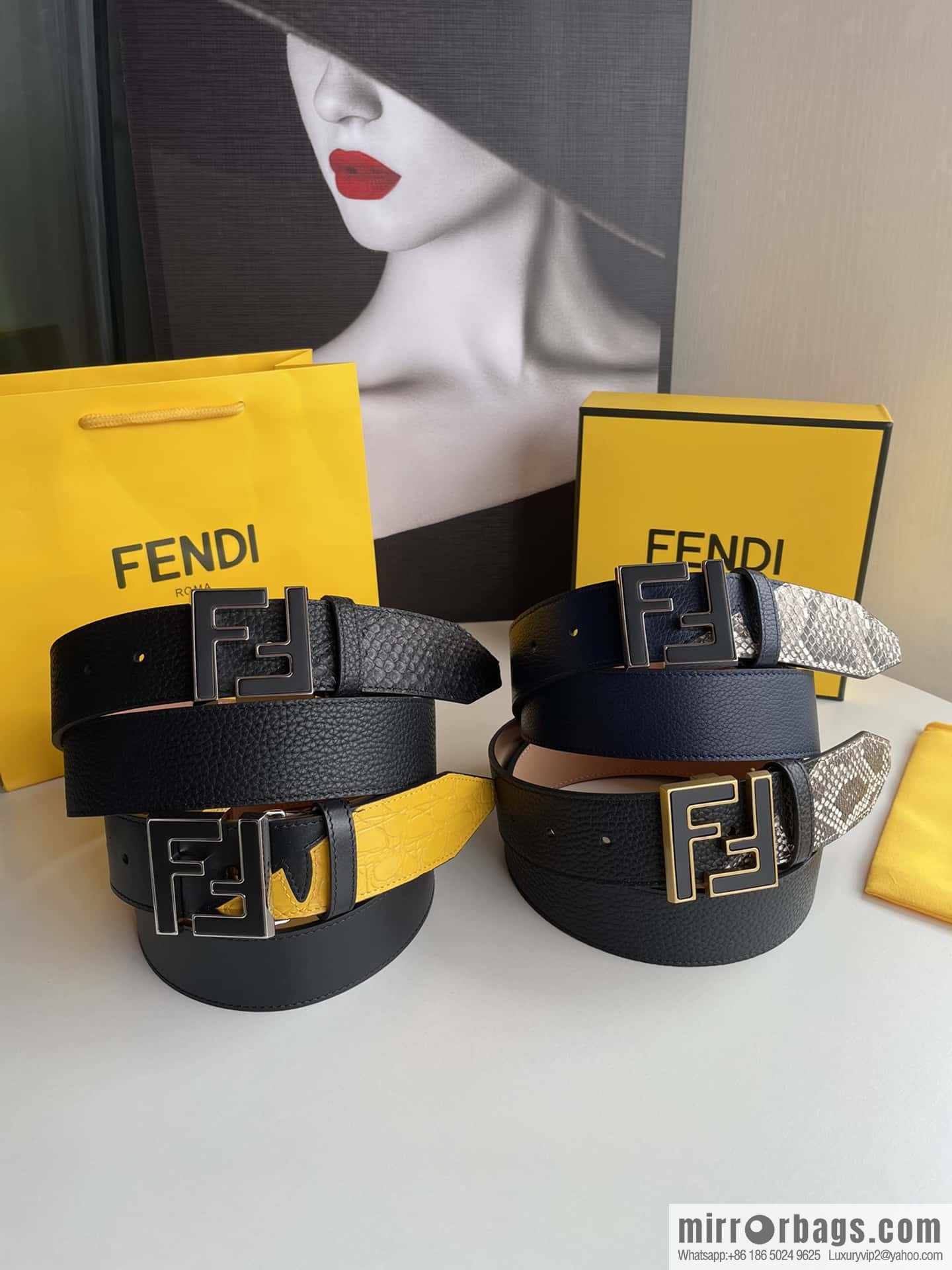 FENDI Fendi FF logo exquisite craftsmanship metal buckle first layer cowhide splicing snake skin belt