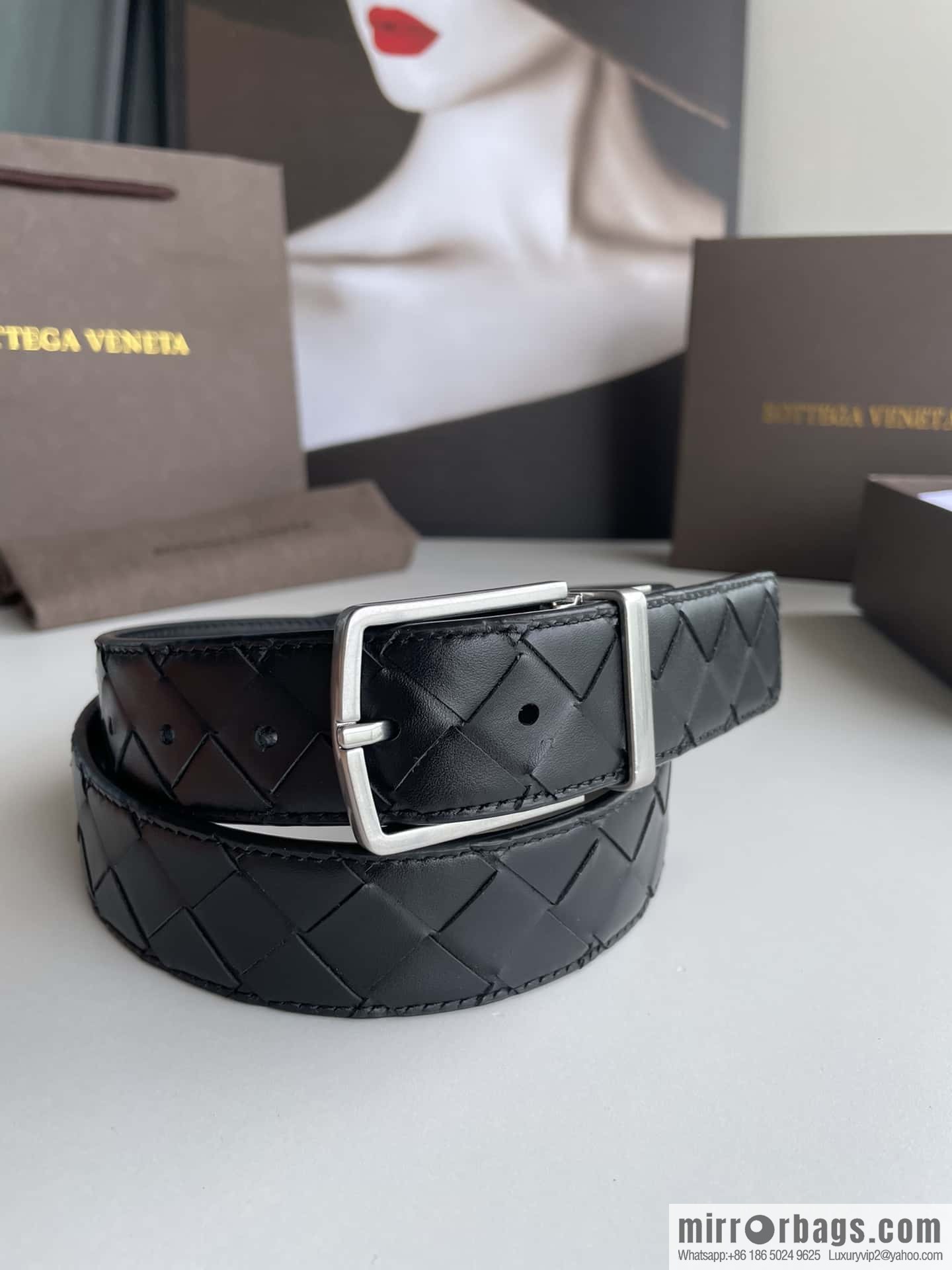 BottegaVenta (Bottega) woven first layer cowhide Intrecciato belt rotating metal buckle 3.8cm