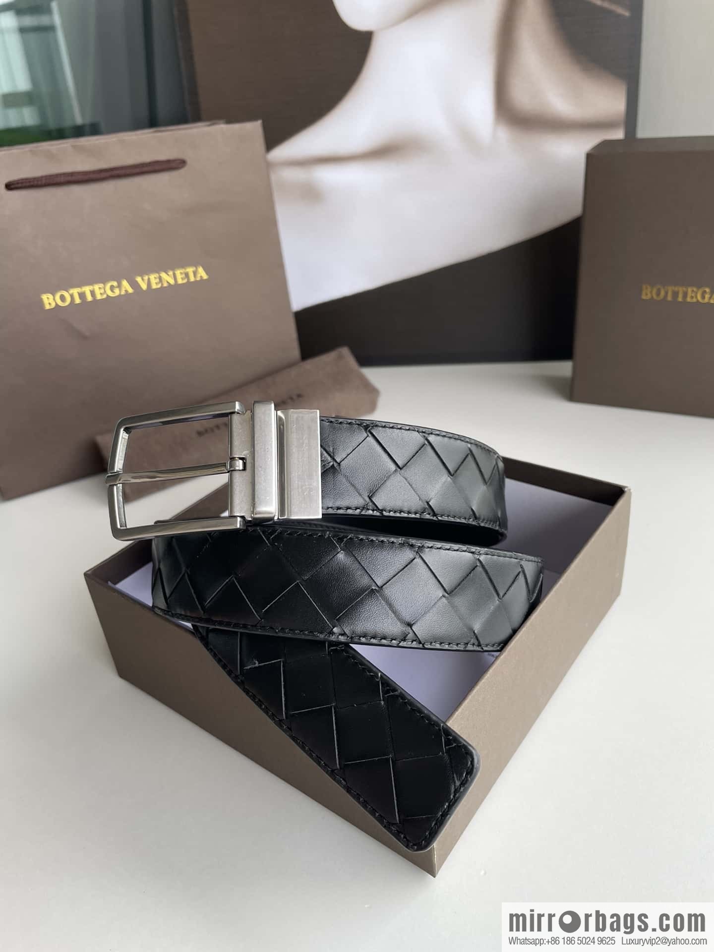 BottegaVenta (Bottega) woven first layer cowhide Intrecciato belt rotating metal buckle 3.8cm
