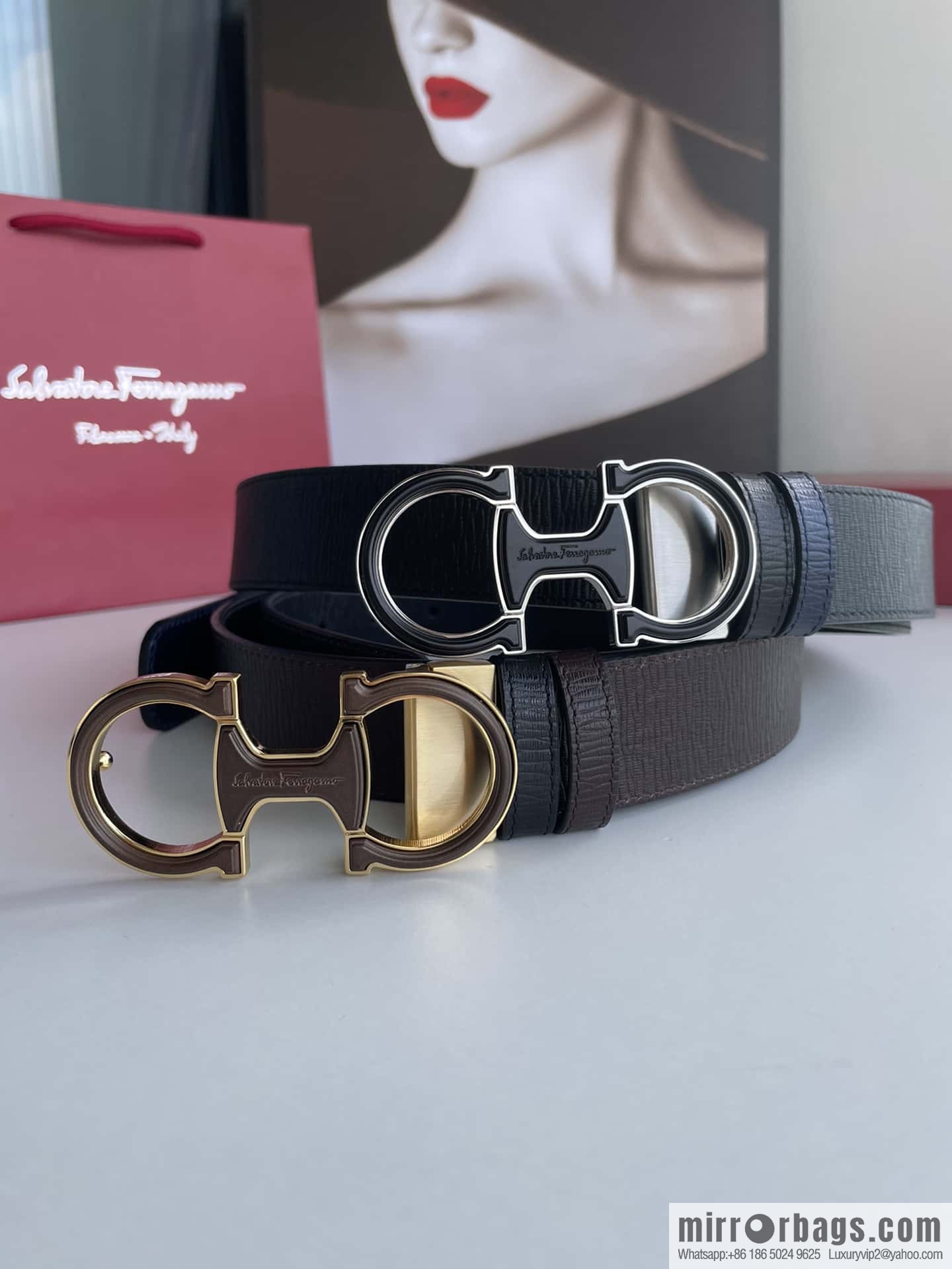 Ferragamo Men's Exquisite Acrylic Metal Buckle Top Cowhide Double-sided External Belt 3.5cm