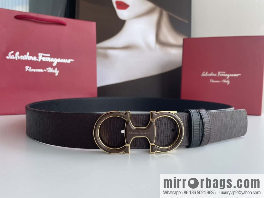 Ferragamo Men's Exquisite Acrylic Metal Buckle Top Cowhide Double-sided External Belt 3.5cm