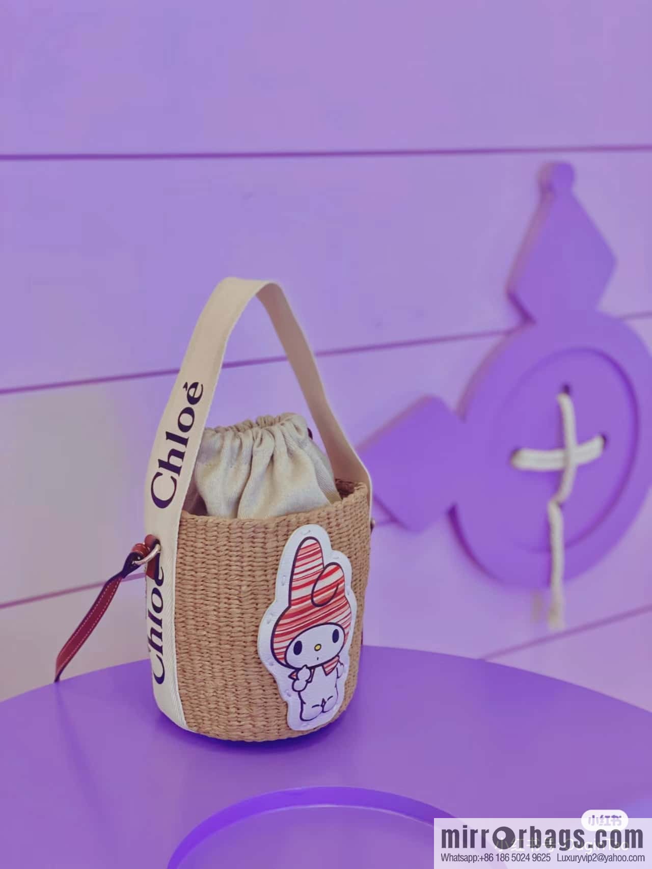 Chloe x My Melody joint, Melody straw bucket bag 17CM