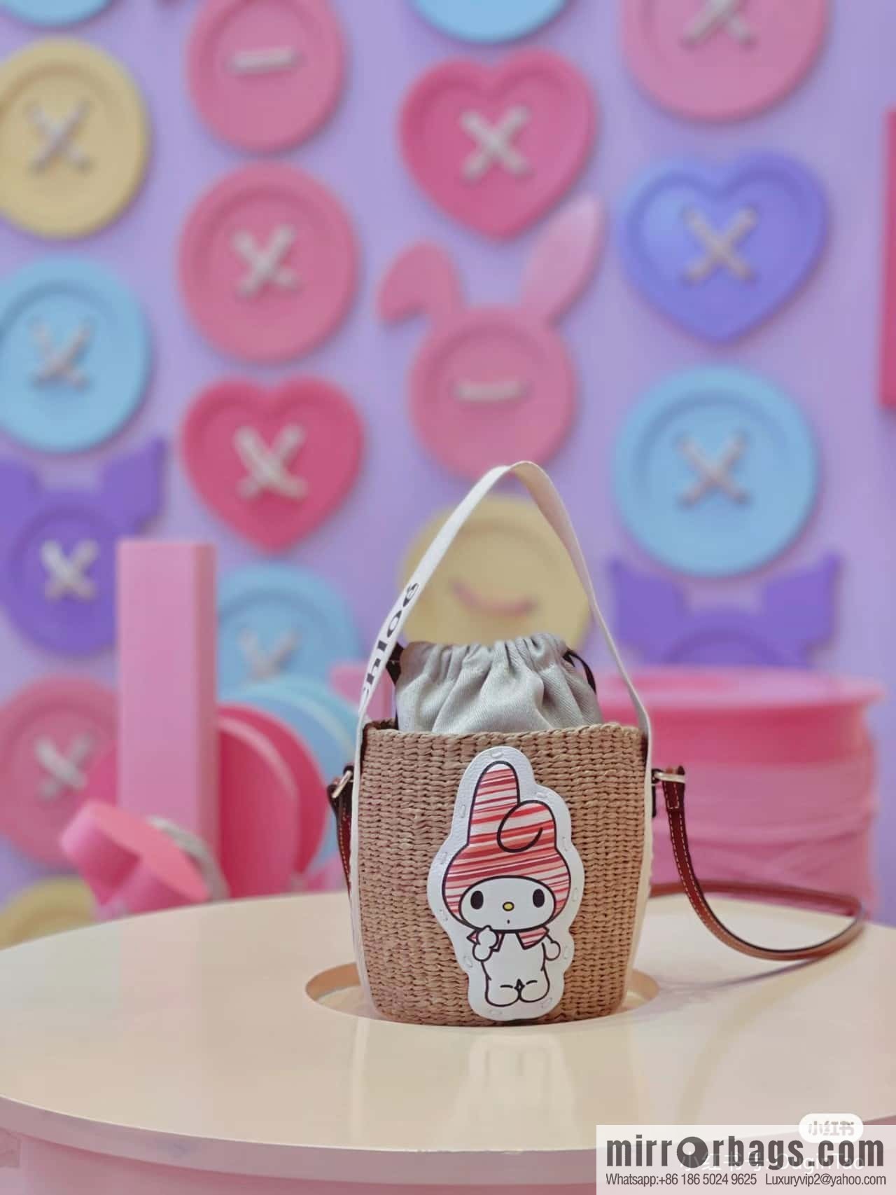 Chloe x My Melody joint, Melody straw bucket bag 17CM