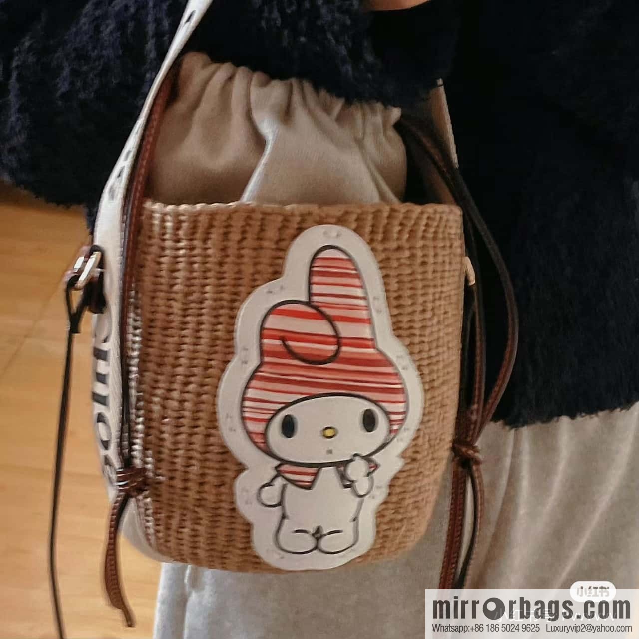 Chloe x My Melody joint, Melody straw bucket bag 17CM
