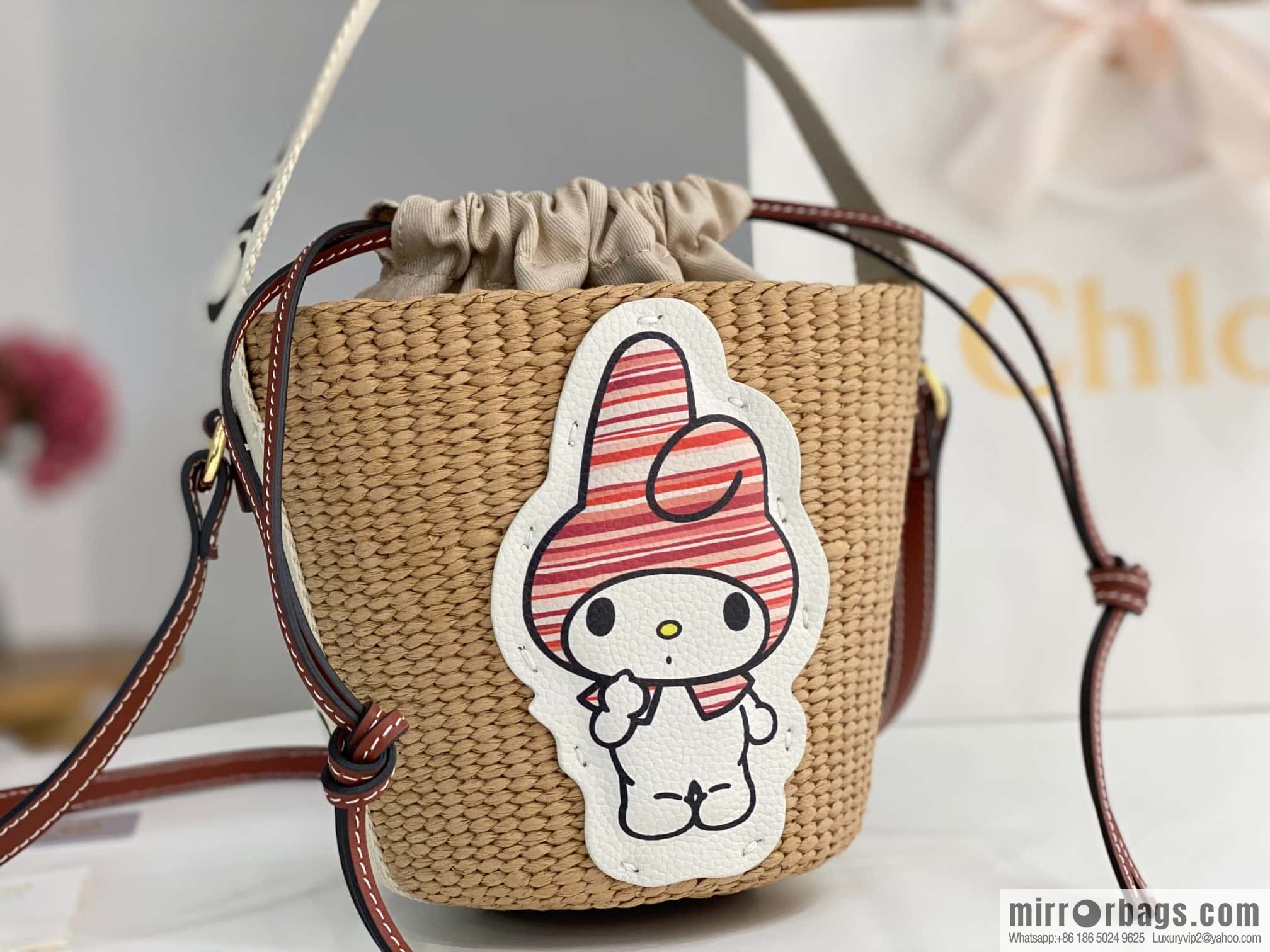 Chloe x My Melody joint, Melody straw bucket bag 17CM