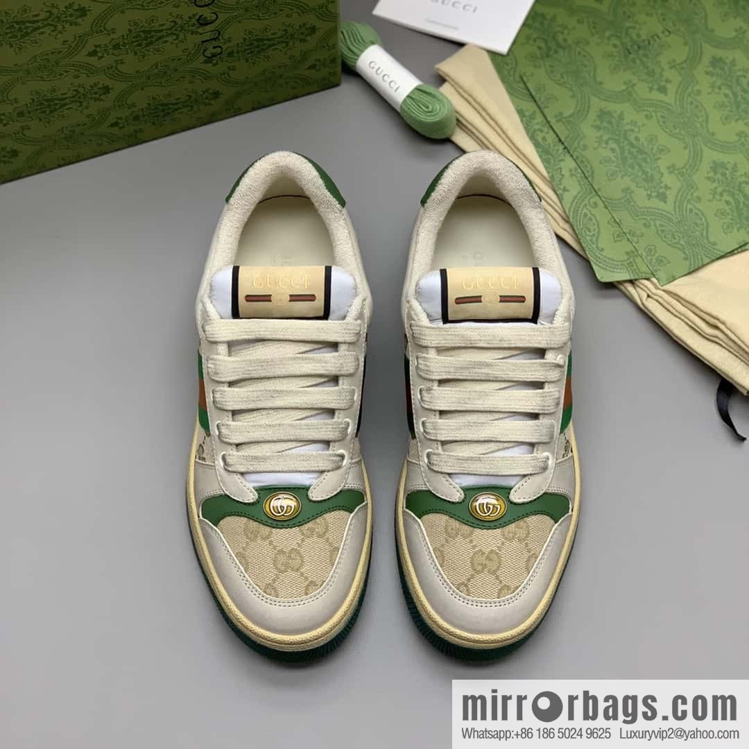 GUCCI Beige Classic GG canvas and distressed leather, small dirty shoes for men and women