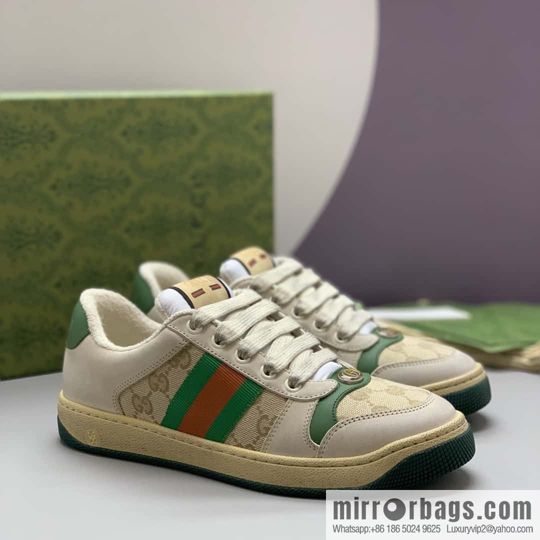 GUCCI Beige Classic GG canvas and distressed leather, small dirty shoes for men and women