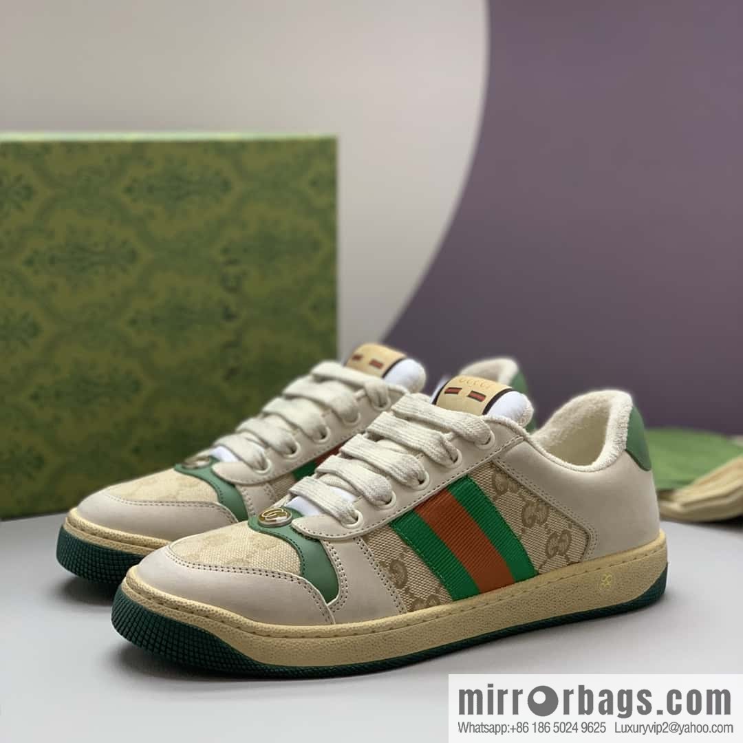 GUCCI Beige Classic GG canvas and distressed leather, small dirty shoes for men and women