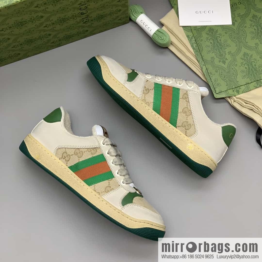 GUCCI Beige Classic GG canvas and distressed leather, small dirty shoes for men and women