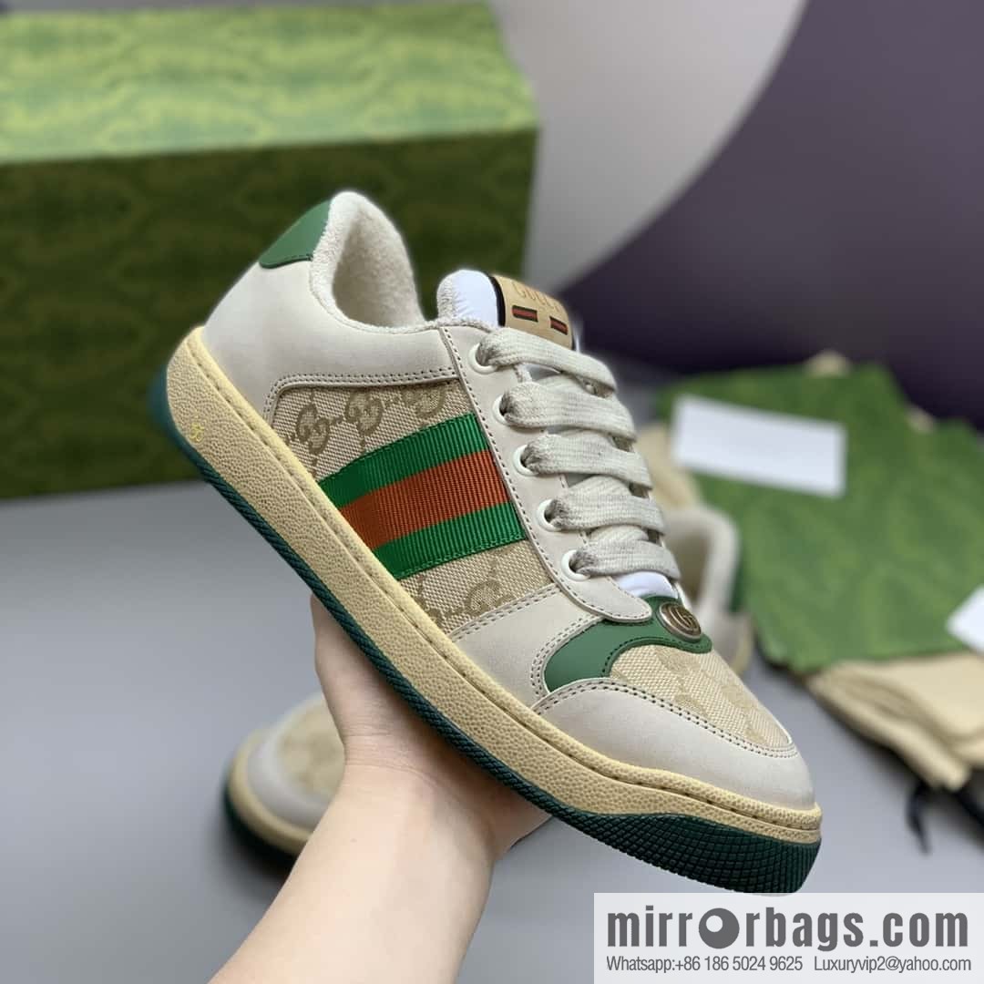 GUCCI Beige Classic GG canvas and distressed leather, small dirty shoes for men and women
