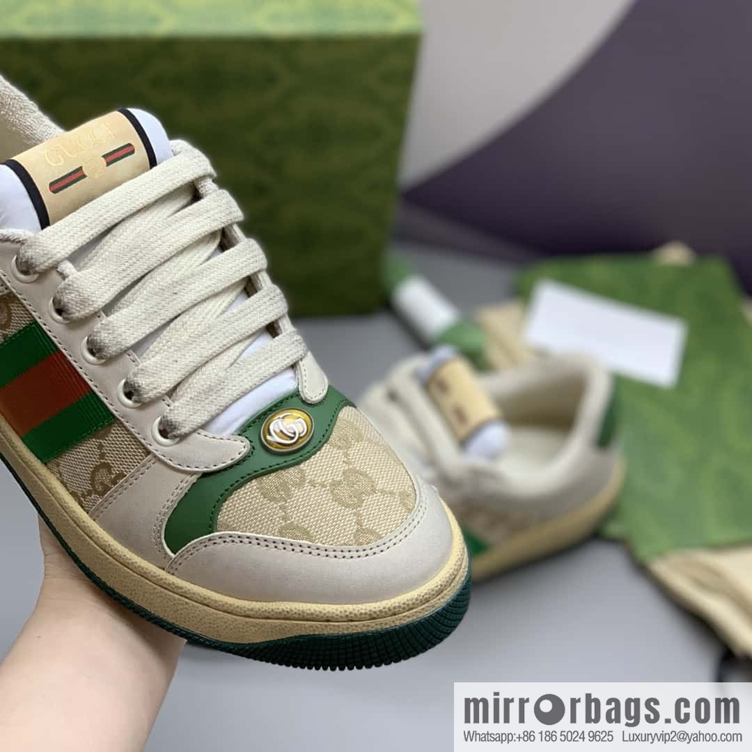GUCCI Beige Classic GG canvas and distressed leather, small dirty shoes for men and women