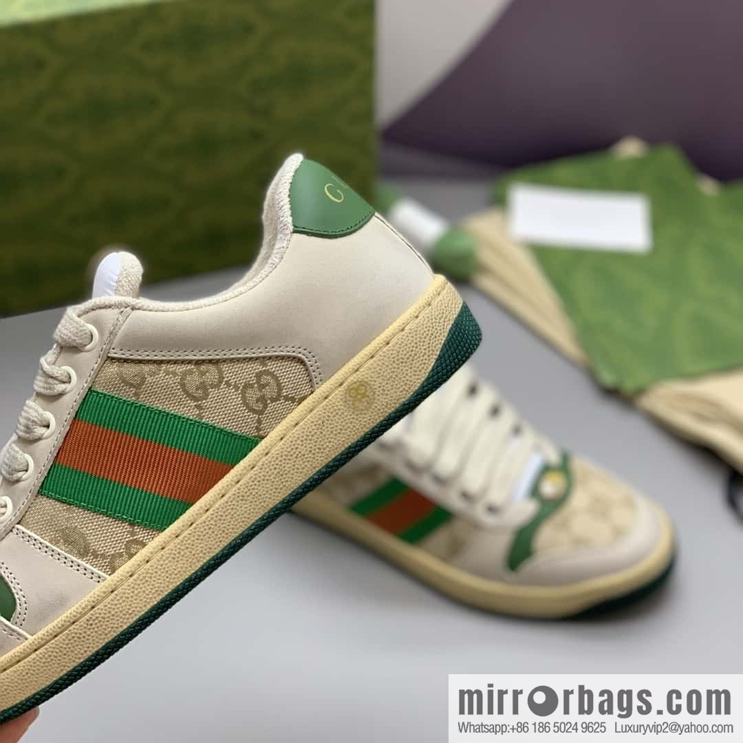 GUCCI Beige Classic GG canvas and distressed leather, small dirty shoes for men and women