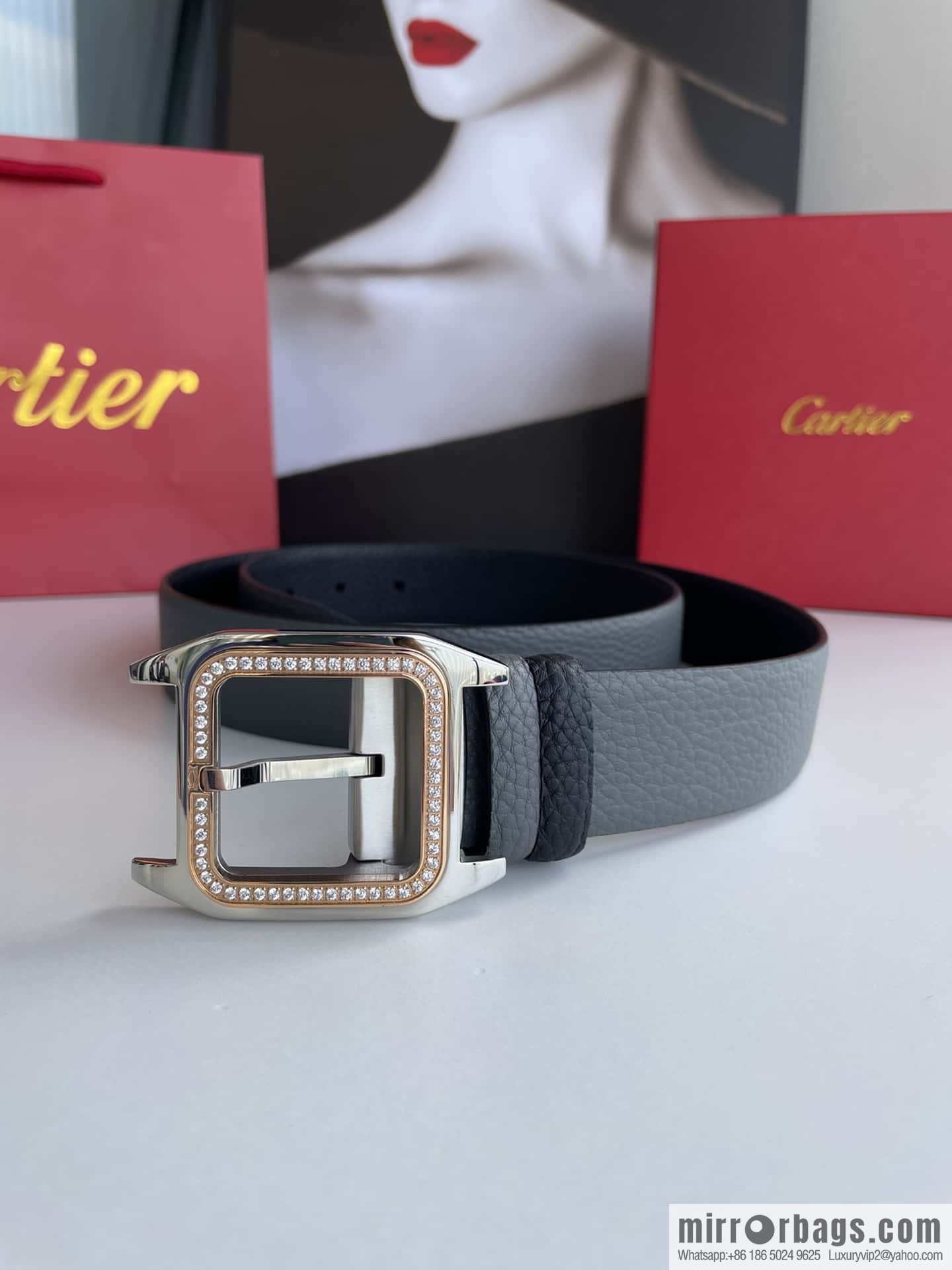 Cartier stainless steel inlaid diamond pin buckle with first layer cowhide 3.5cm belt