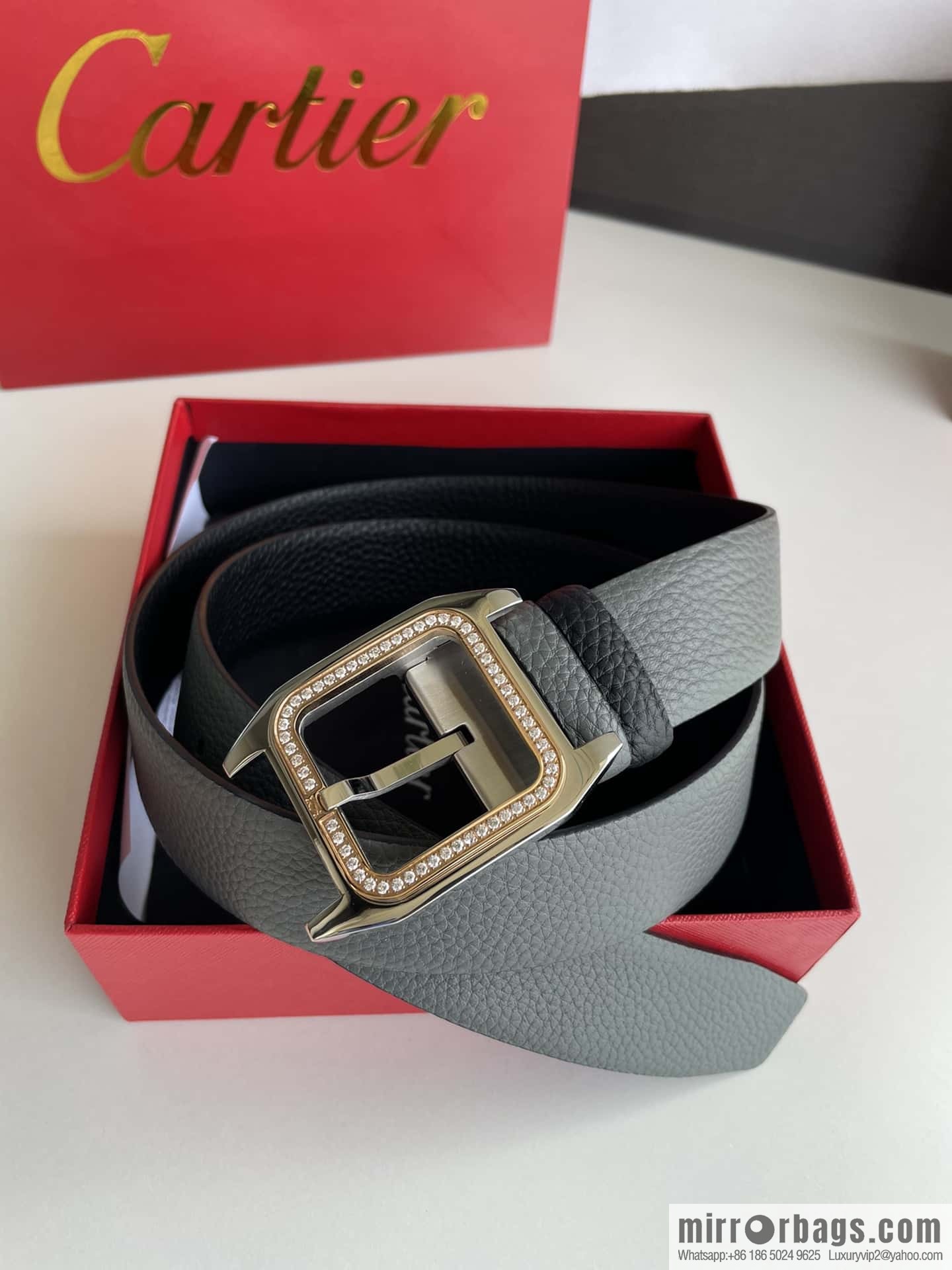 Cartier stainless steel inlaid diamond pin buckle with first layer cowhide 3.5cm belt