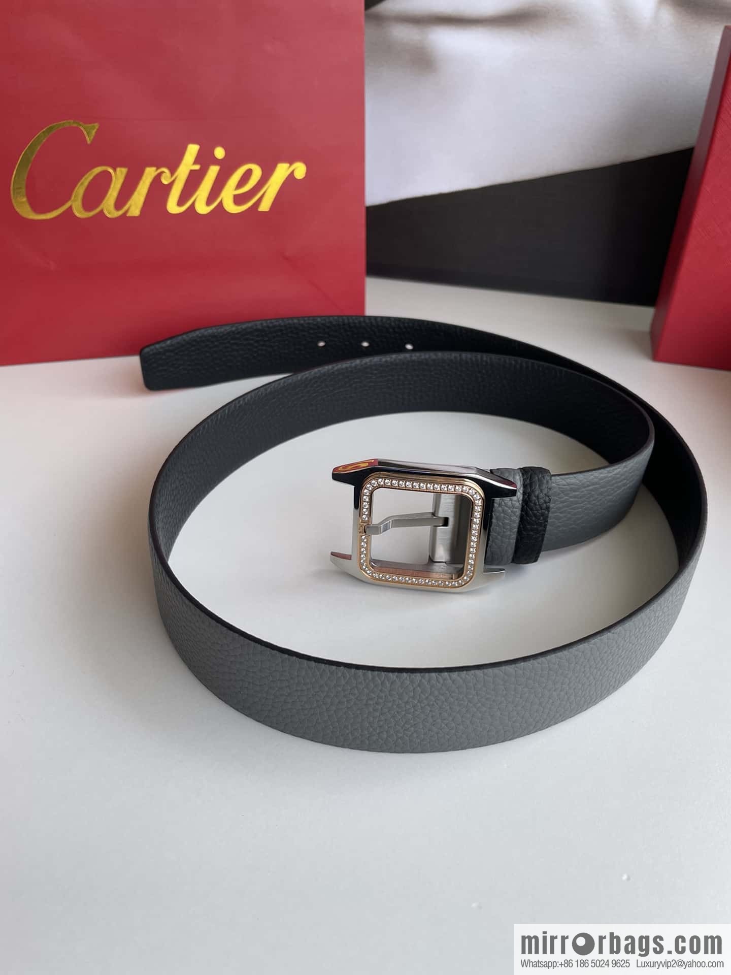 Cartier stainless steel inlaid diamond pin buckle with first layer cowhide 3.5cm belt