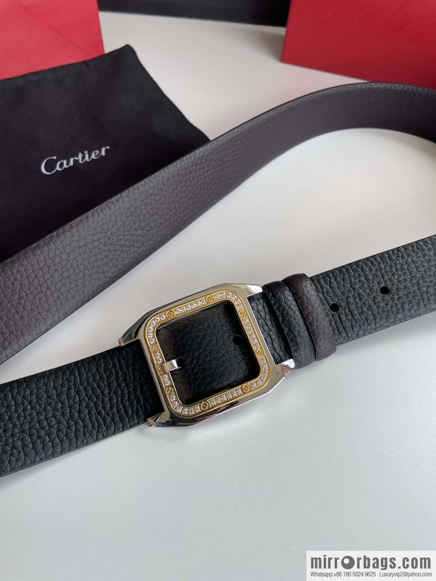 Cartier stainless steel inlaid diamond pin buckle with first layer cowhide 3.5cm belt