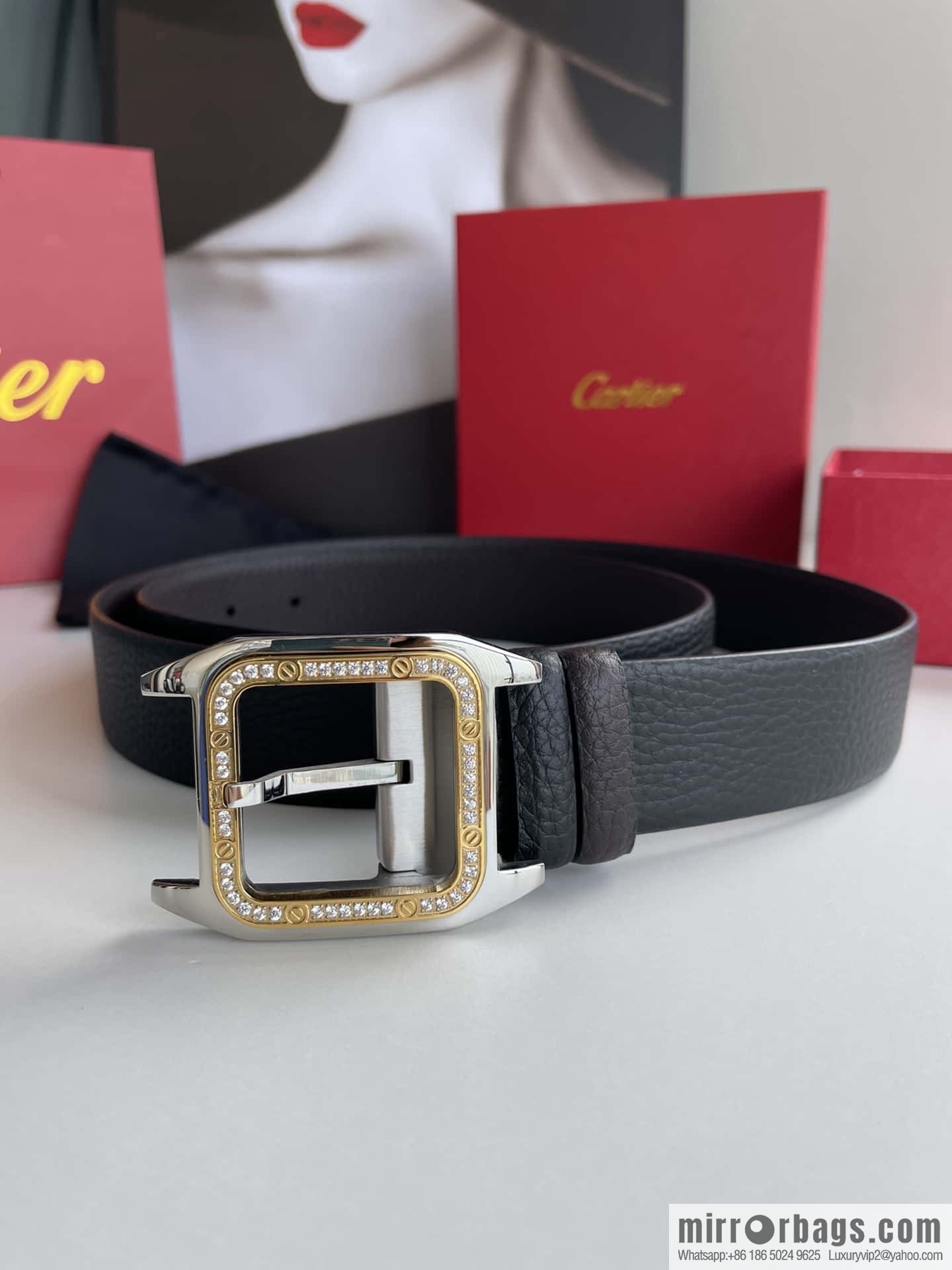 Cartier stainless steel inlaid diamond pin buckle with first layer cowhide 3.5cm belt
