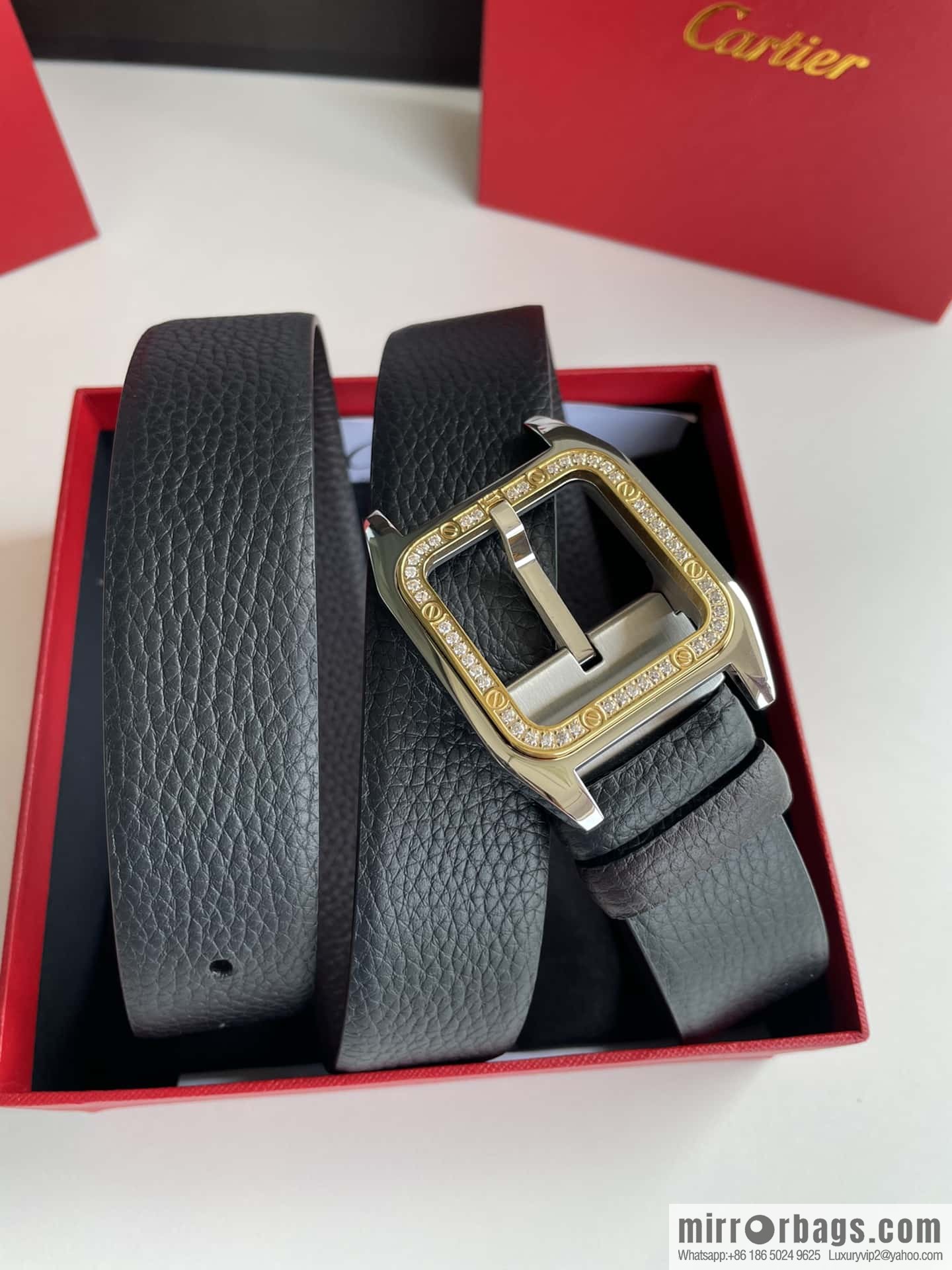 Cartier stainless steel inlaid diamond pin buckle with first layer cowhide 3.5cm belt