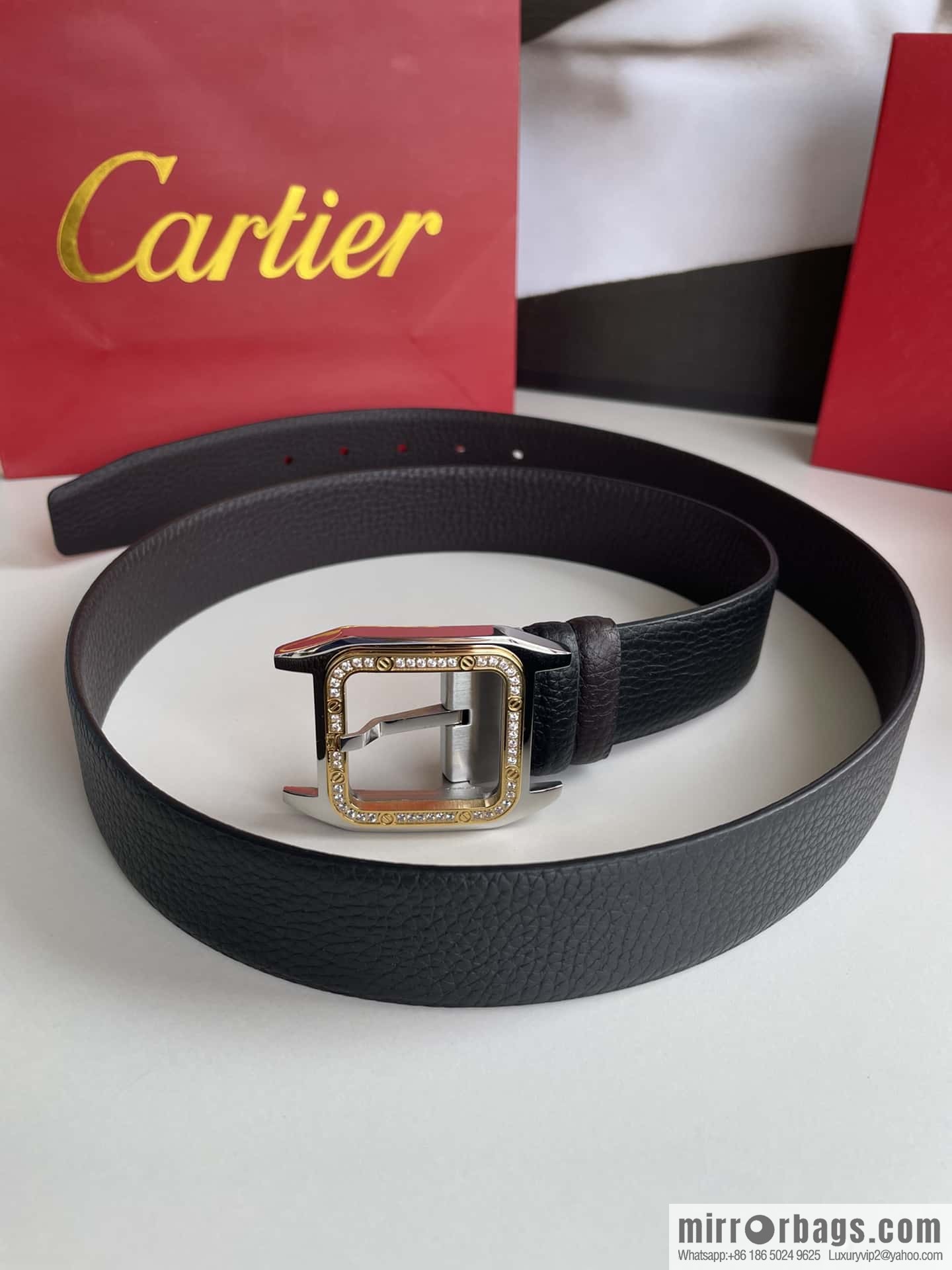 Cartier stainless steel inlaid diamond pin buckle with first layer cowhide 3.5cm belt