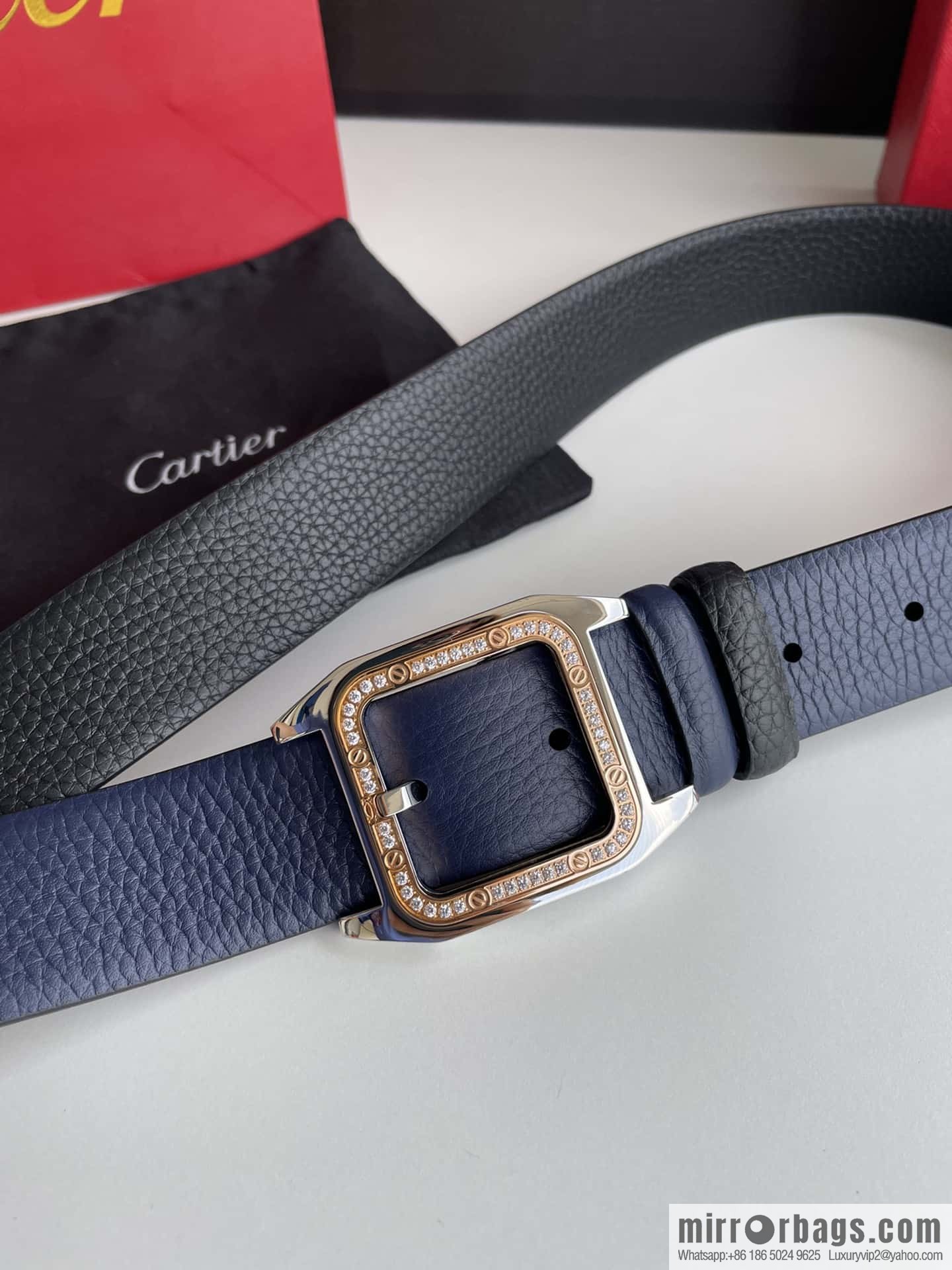 Cartier stainless steel inlaid diamond pin buckle with first layer cowhide 3.5cm belt