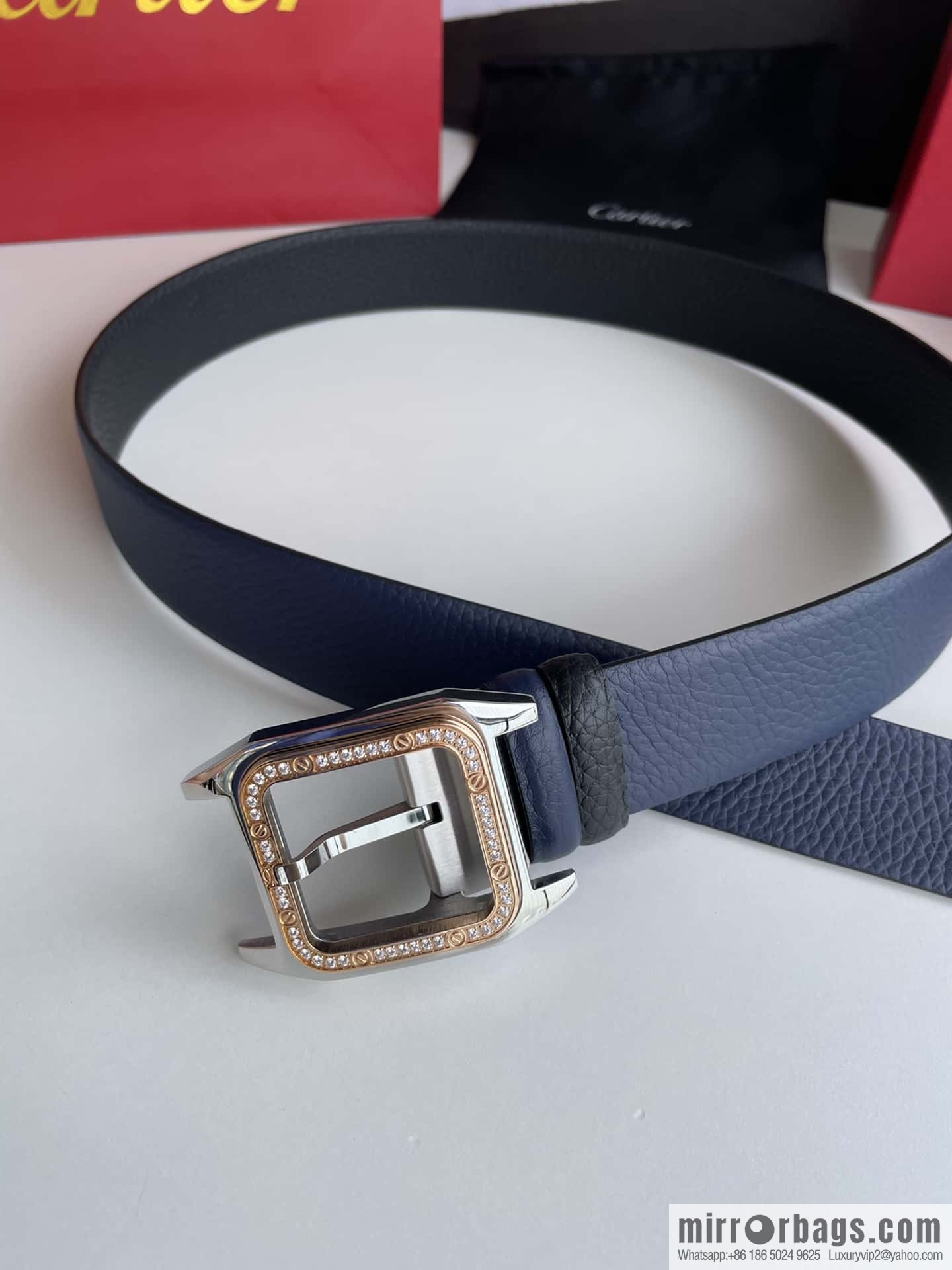 Cartier stainless steel inlaid diamond pin buckle with first layer cowhide 3.5cm belt