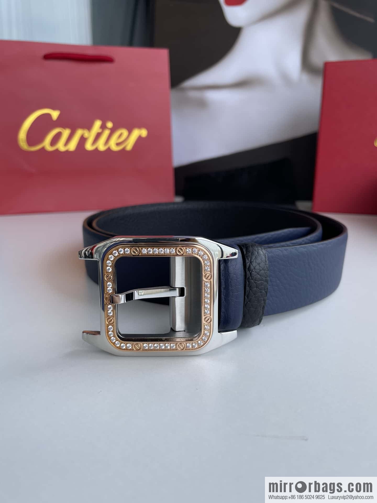 Cartier stainless steel inlaid diamond pin buckle with first layer cowhide 3.5cm belt