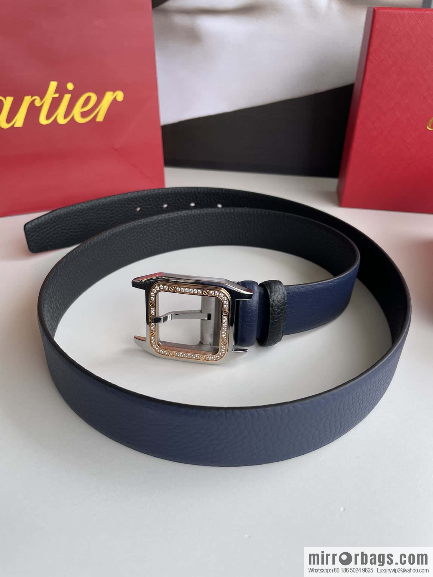 Cartier stainless steel inlaid diamond pin buckle with first layer cowhide 3.5cm belt