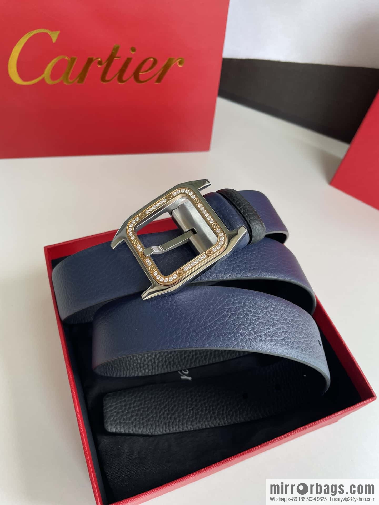 Cartier stainless steel inlaid diamond pin buckle with first layer cowhide 3.5cm belt