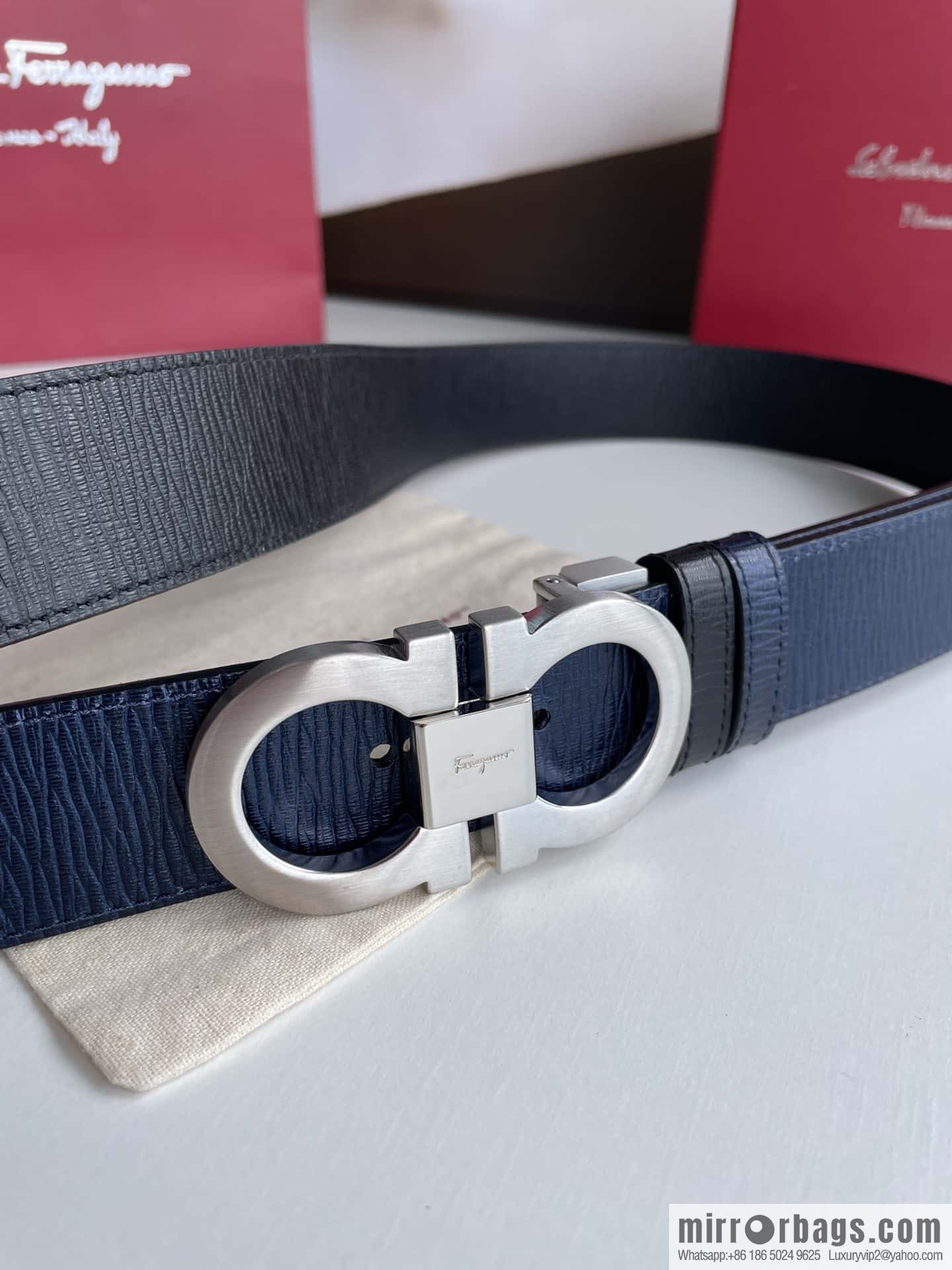 Ferragamo Ferragamo Men's Counter Vertical Metal Buckle First Layer Cowhide Double Sided External Belt 3.5cm