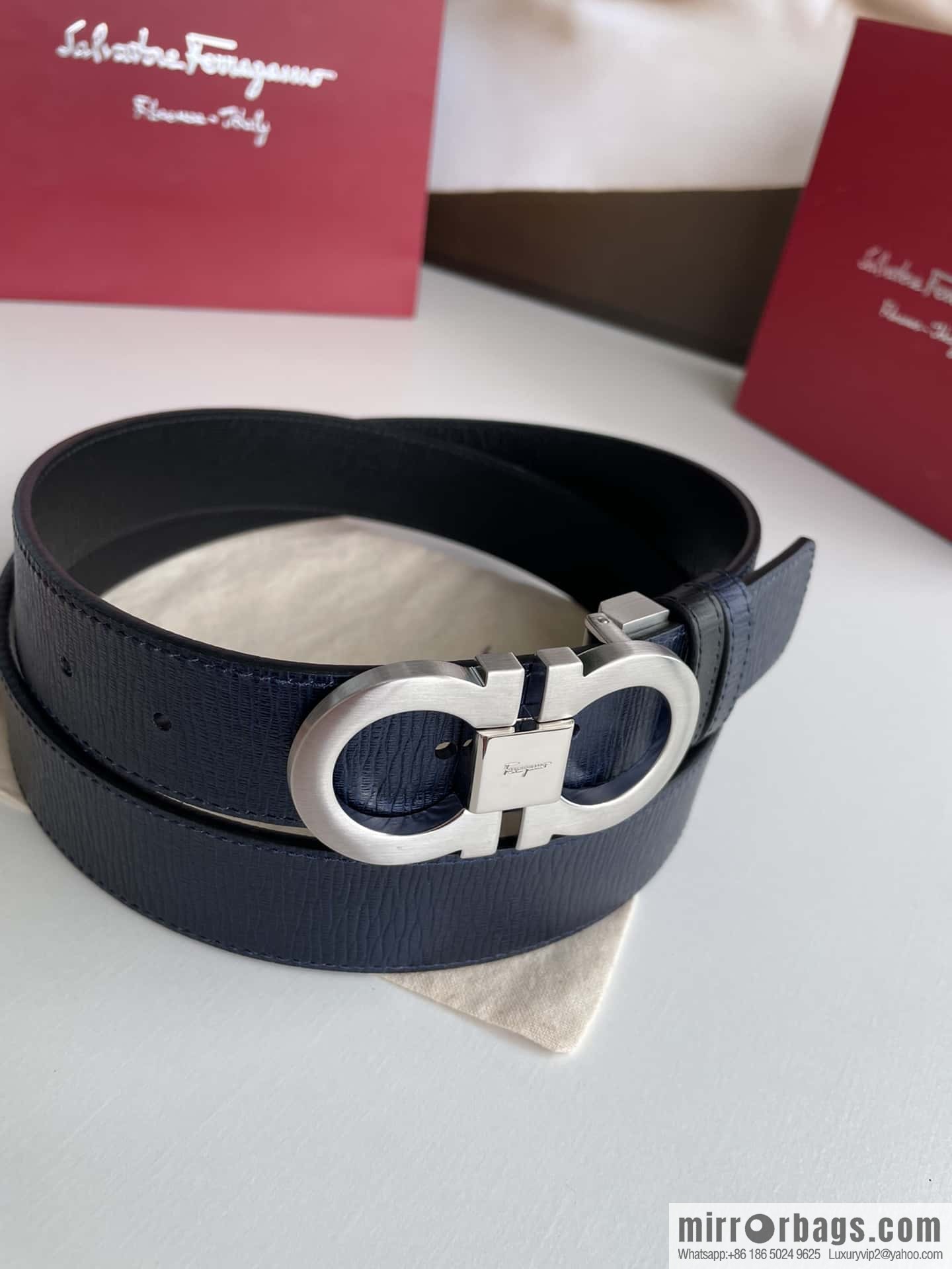 Ferragamo Ferragamo Men's Counter Vertical Metal Buckle First Layer Cowhide Double Sided External Belt 3.5cm