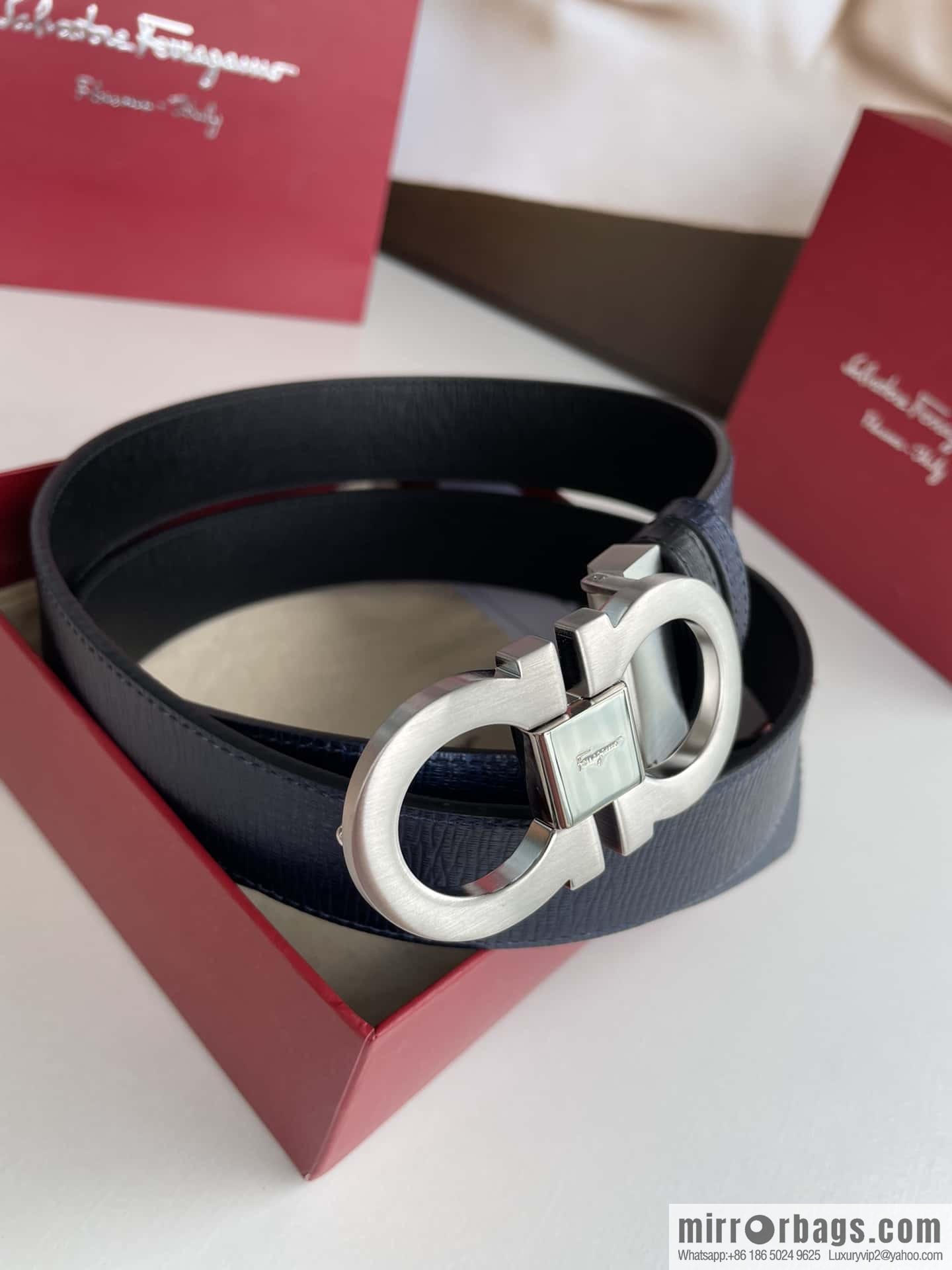 Ferragamo Ferragamo Men's Counter Vertical Metal Buckle First Layer Cowhide Double Sided External Belt 3.5cm