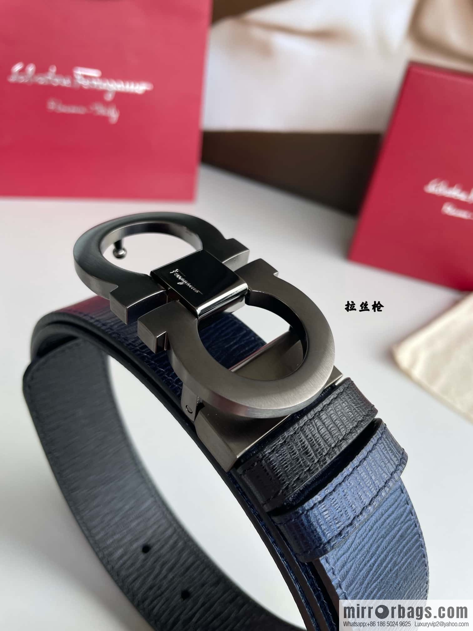 Ferragamo Ferragamo Men's Counter Vertical Metal Buckle First Layer Cowhide Double Sided External Belt 3.5cm
