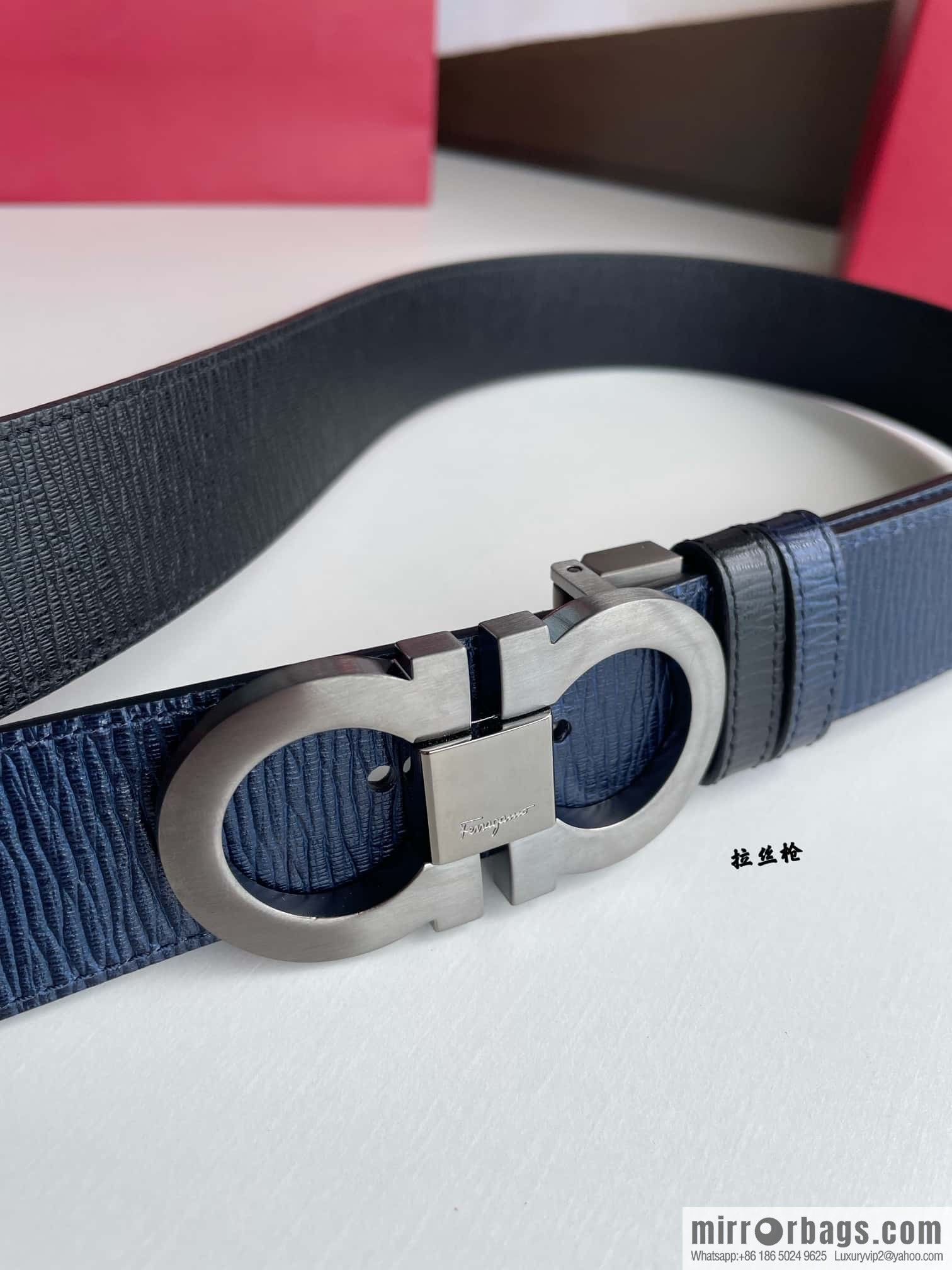 Ferragamo Ferragamo Men's Counter Vertical Metal Buckle First Layer Cowhide Double Sided External Belt 3.5cm