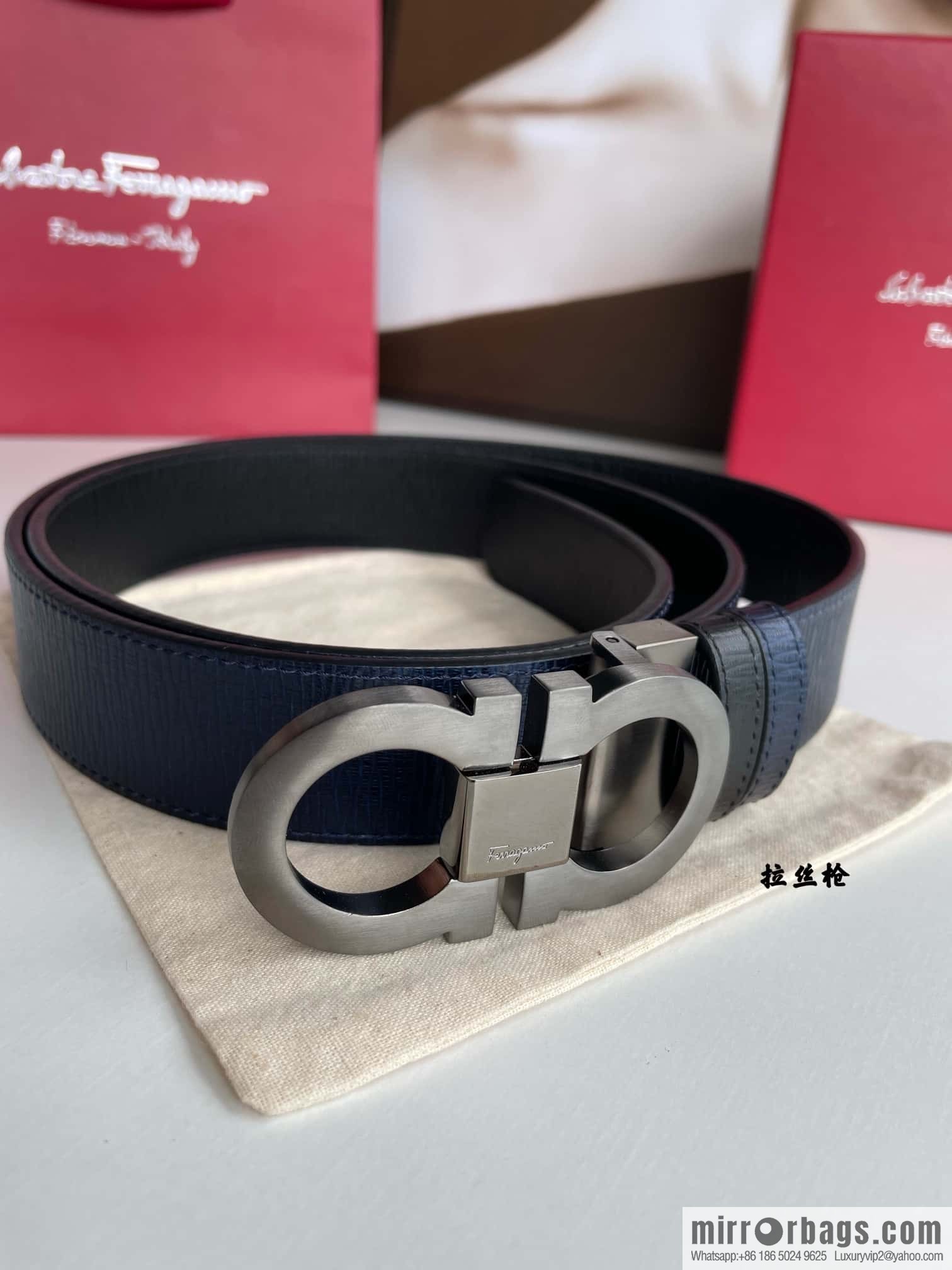 Ferragamo Ferragamo Men's Counter Vertical Metal Buckle First Layer Cowhide Double Sided External Belt 3.5cm