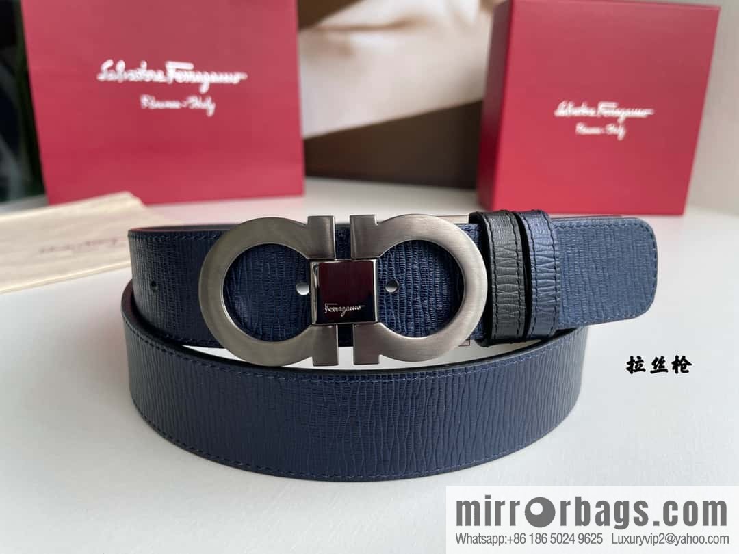 Ferragamo Ferragamo Men's Counter Vertical Metal Buckle First Layer Cowhide Double Sided External Belt 3.5cm