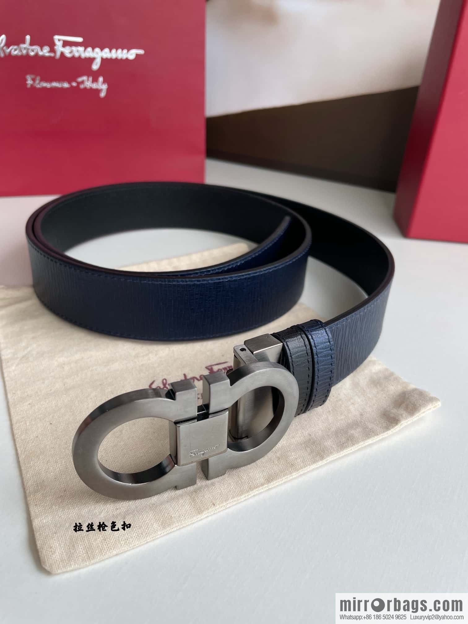 Ferragamo Ferragamo Men's Counter Vertical Metal Buckle First Layer Cowhide Double Sided External Belt 3.5cm