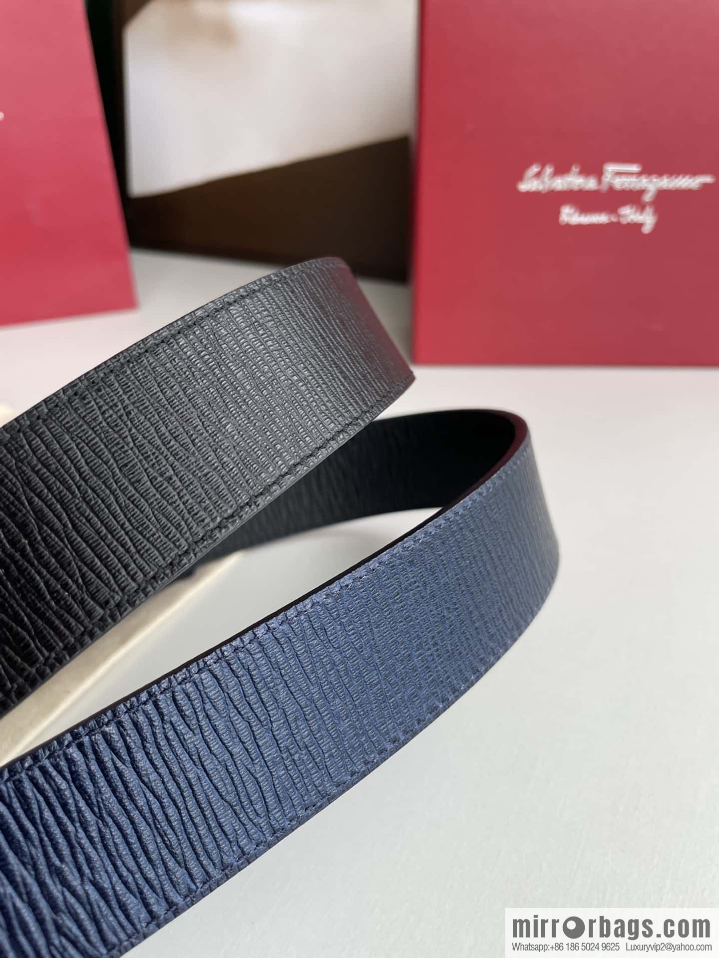Ferragamo Ferragamo Men's Counter Vertical Metal Buckle First Layer Cowhide Double Sided External Belt 3.5cm