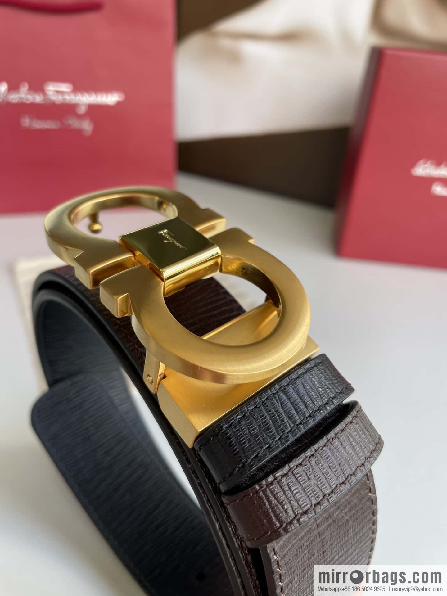 Ferragamo Ferragamo Men's Counter Vertical Metal Buckle First Layer Cowhide Double Sided External Belt 3.5cm