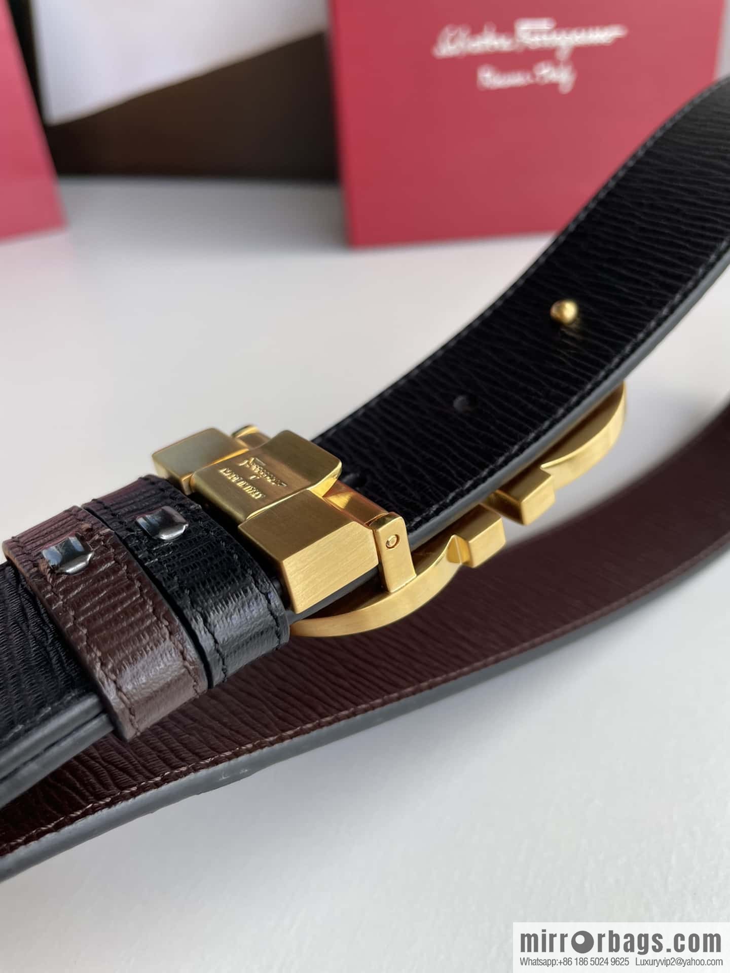 Ferragamo Ferragamo Men's Counter Vertical Metal Buckle First Layer Cowhide Double Sided External Belt 3.5cm