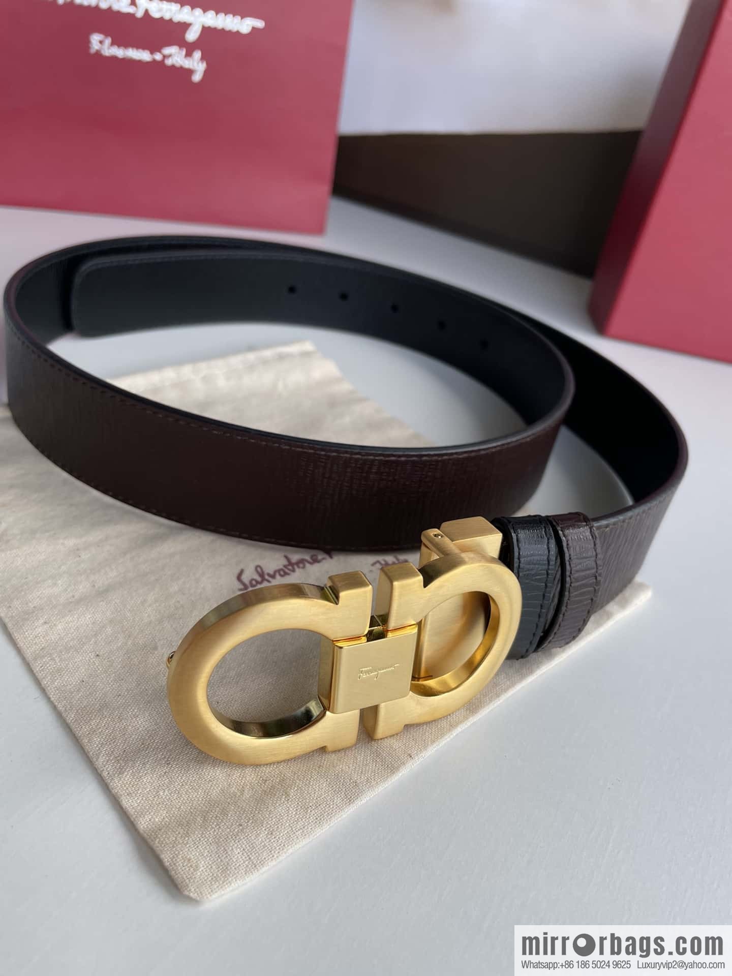 Ferragamo Ferragamo Men's Counter Vertical Metal Buckle First Layer Cowhide Double Sided External Belt 3.5cm