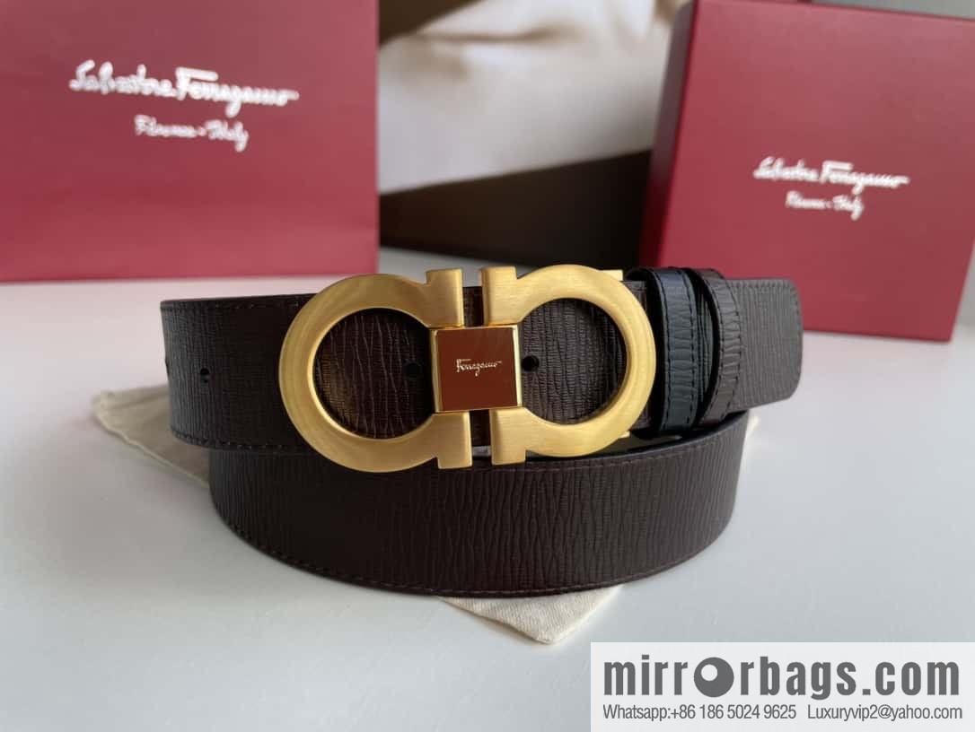 Ferragamo Ferragamo Men's Counter Vertical Metal Buckle First Layer Cowhide Double Sided External Belt 3.5cm