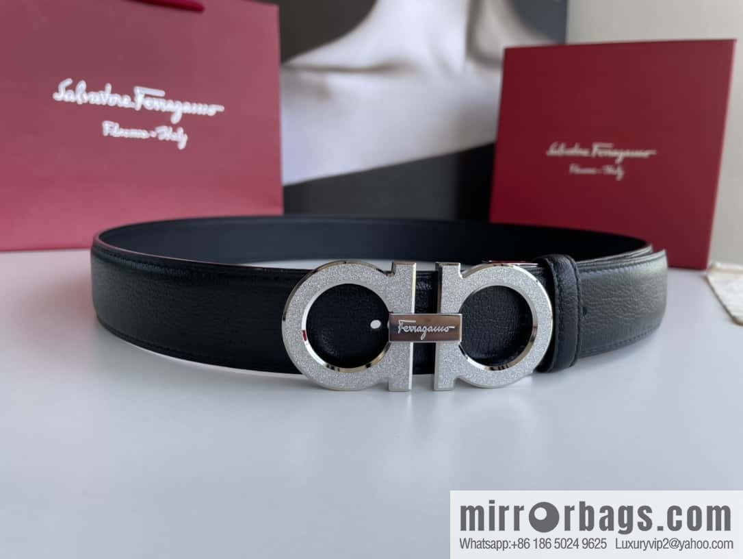 Ferragamo Men's Stainless Steel Rolling Sand Metal Buckle, First Layer Cowhide Sheep Textured Belt 3.5cm