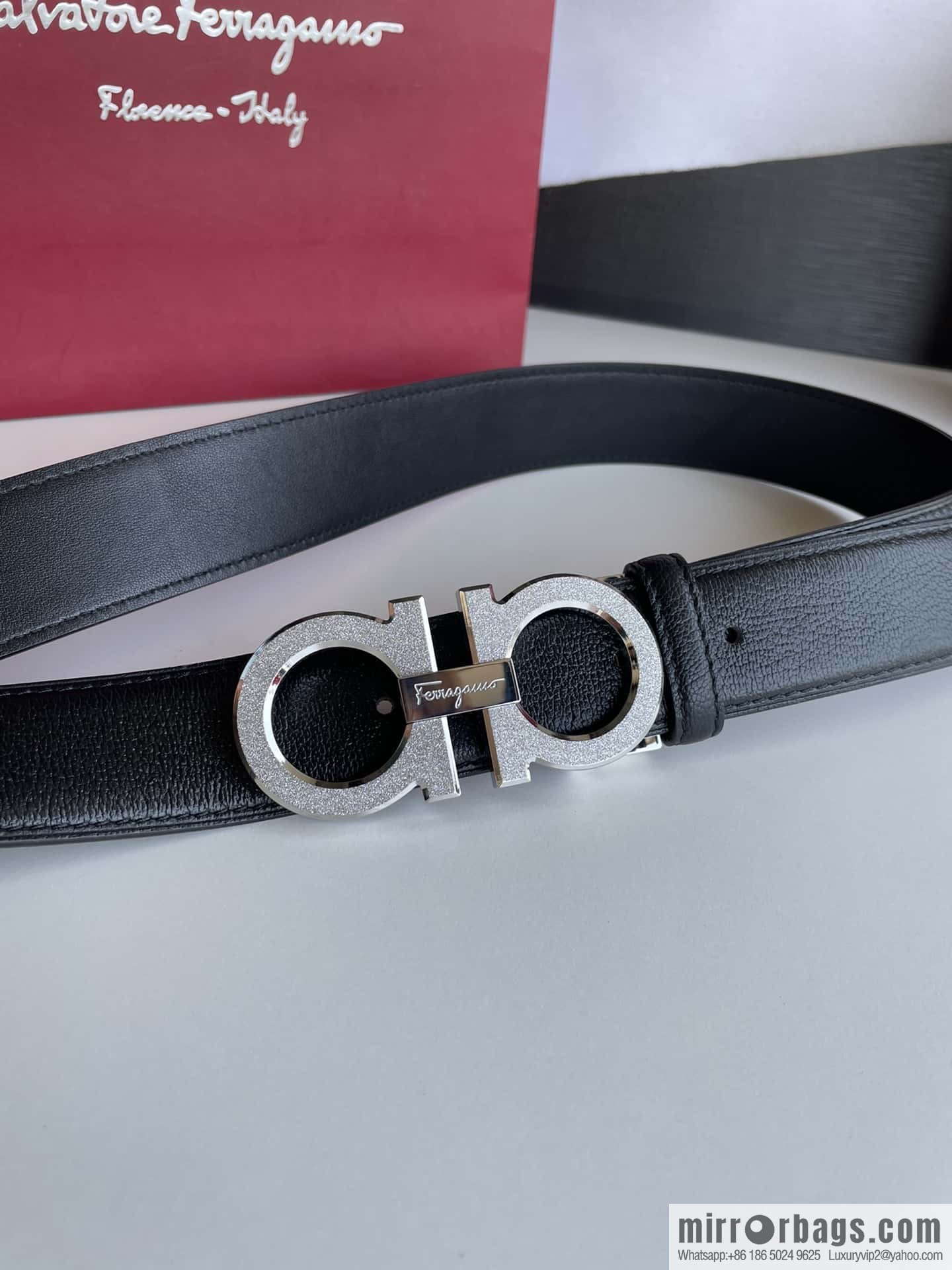 Ferragamo Men's Stainless Steel Rolling Sand Metal Buckle, First Layer Cowhide Sheep Textured Belt 3.5cm