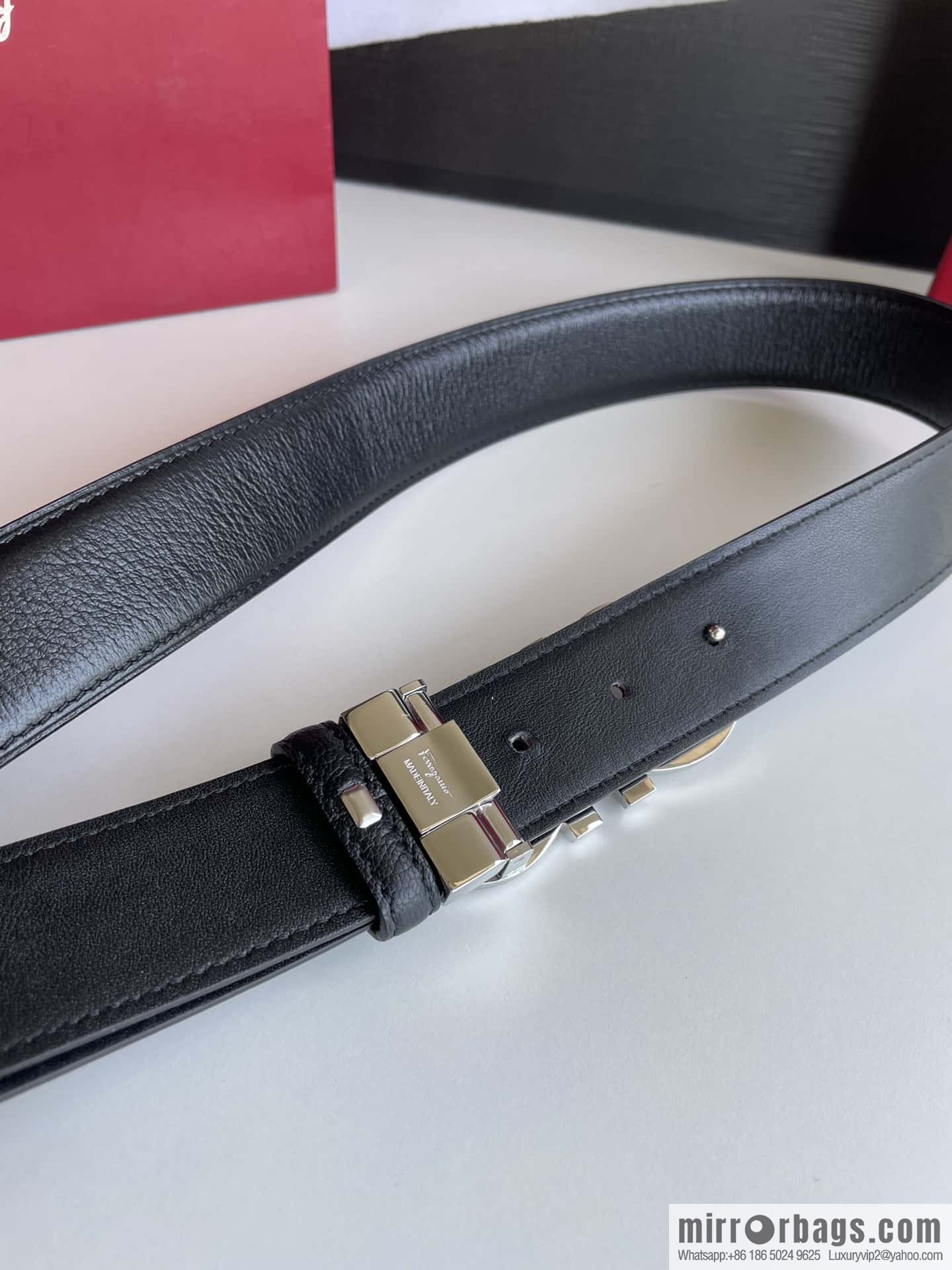Ferragamo Men's Stainless Steel Rolling Sand Metal Buckle, First Layer Cowhide Sheep Textured Belt 3.5cm