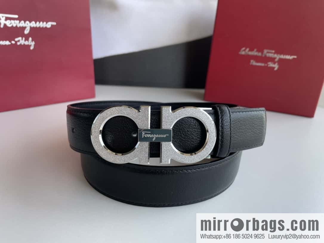 Ferragamo Men's Stainless Steel Rolling Sand Metal Buckle, First Layer Cowhide Sheep Textured Belt 3.5cm