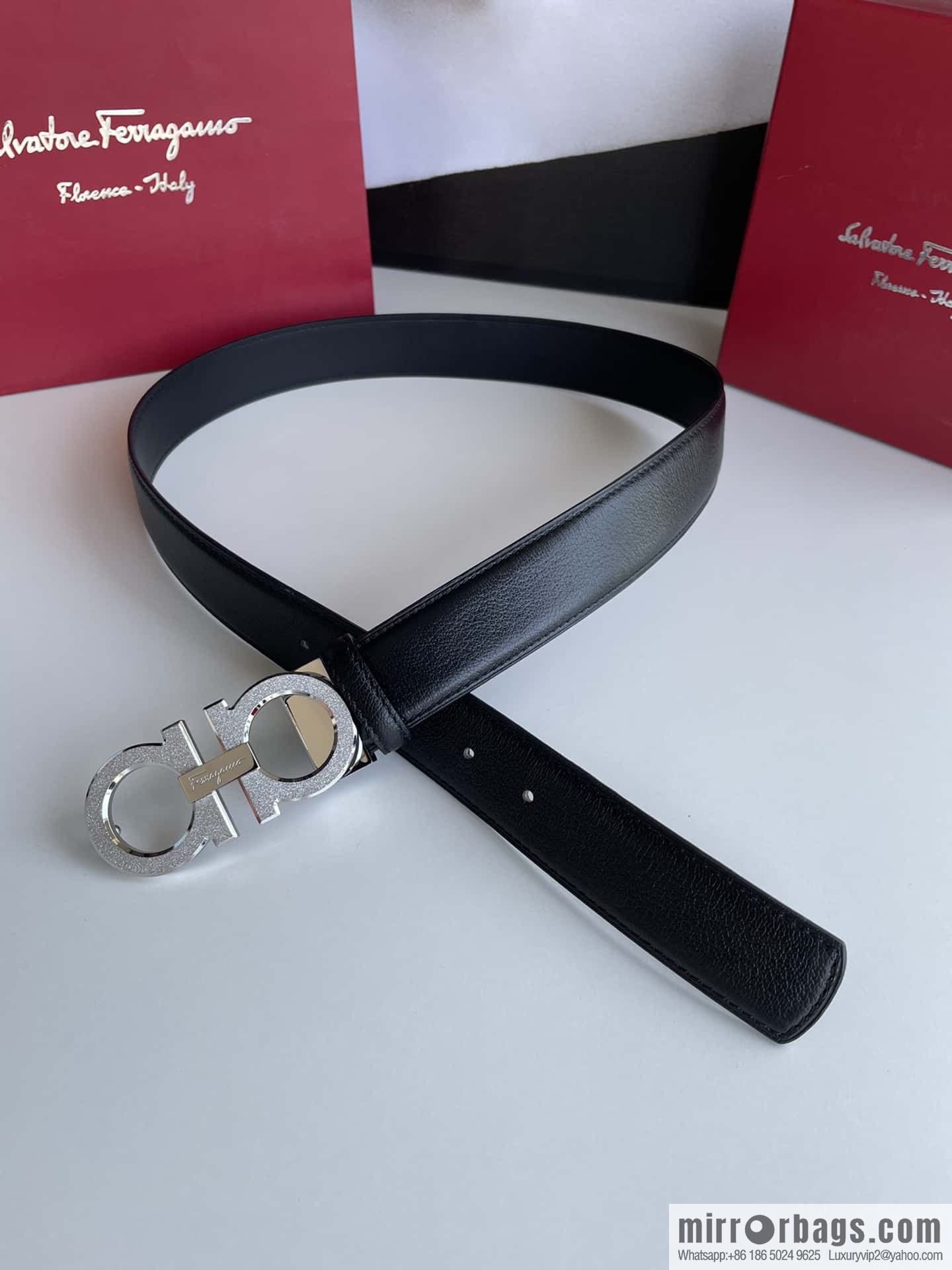 Ferragamo Men's Stainless Steel Rolling Sand Metal Buckle, First Layer Cowhide Sheep Textured Belt 3.5cm