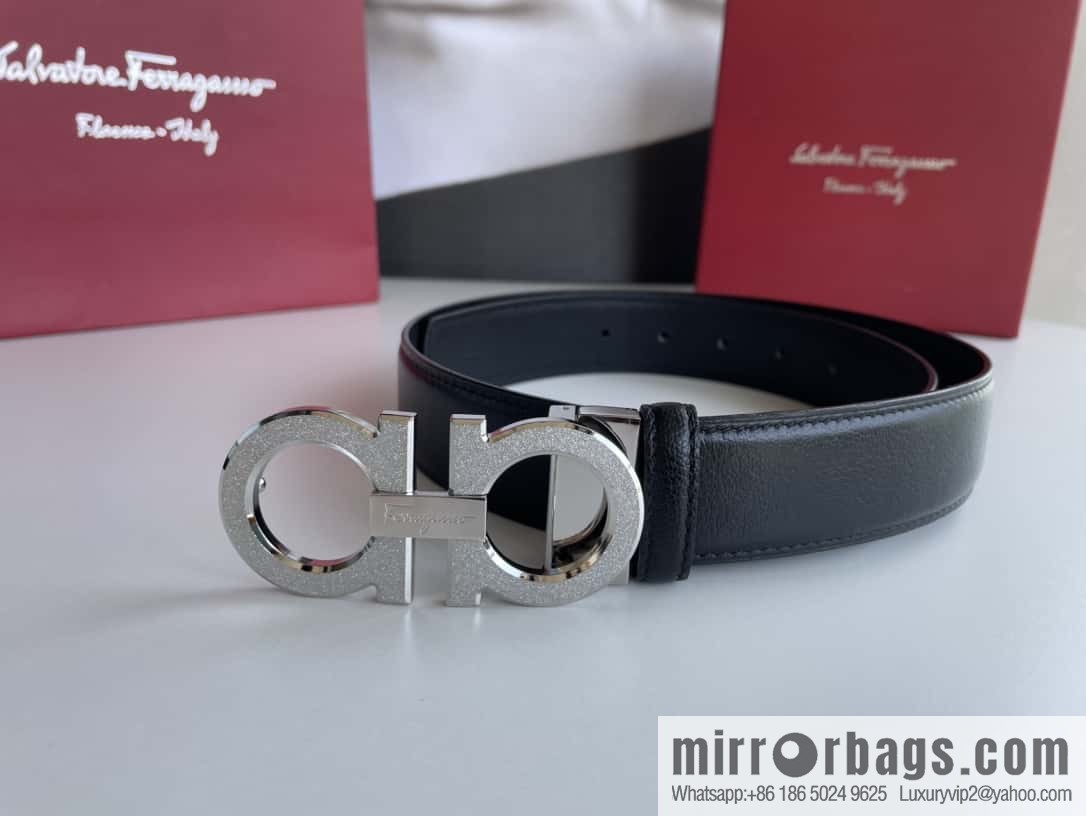 Ferragamo Men's Stainless Steel Rolling Sand Metal Buckle, First Layer Cowhide Sheep Textured Belt 3.5cm