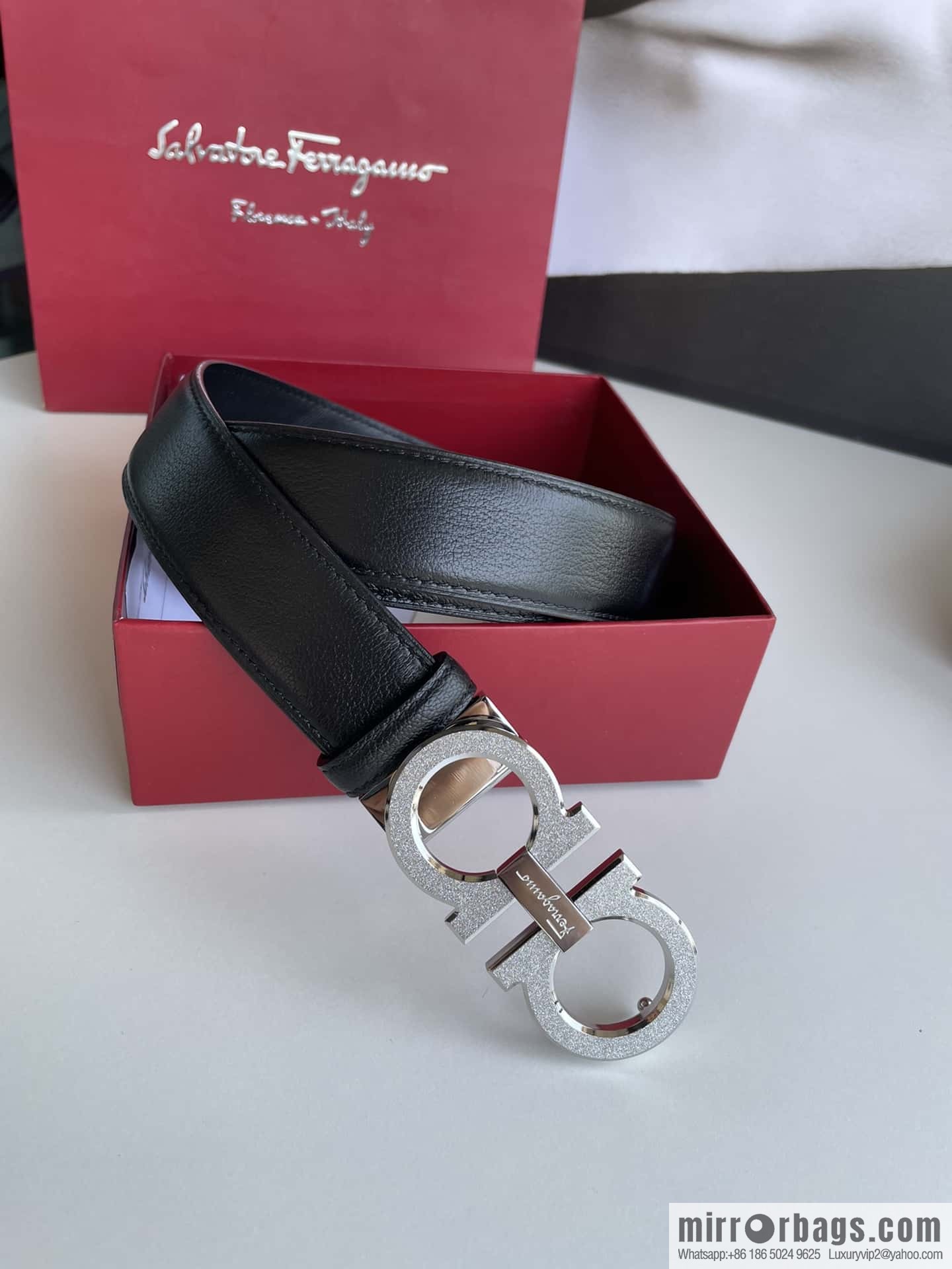 Ferragamo Men's Stainless Steel Rolling Sand Metal Buckle, First Layer Cowhide Sheep Textured Belt 3.5cm