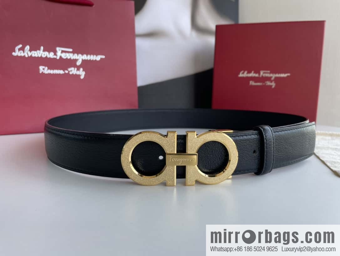 Ferragamo Men's Stainless Steel Rolling Sand Metal Buckle, First Layer Cowhide Sheep Textured Belt 3.5cm